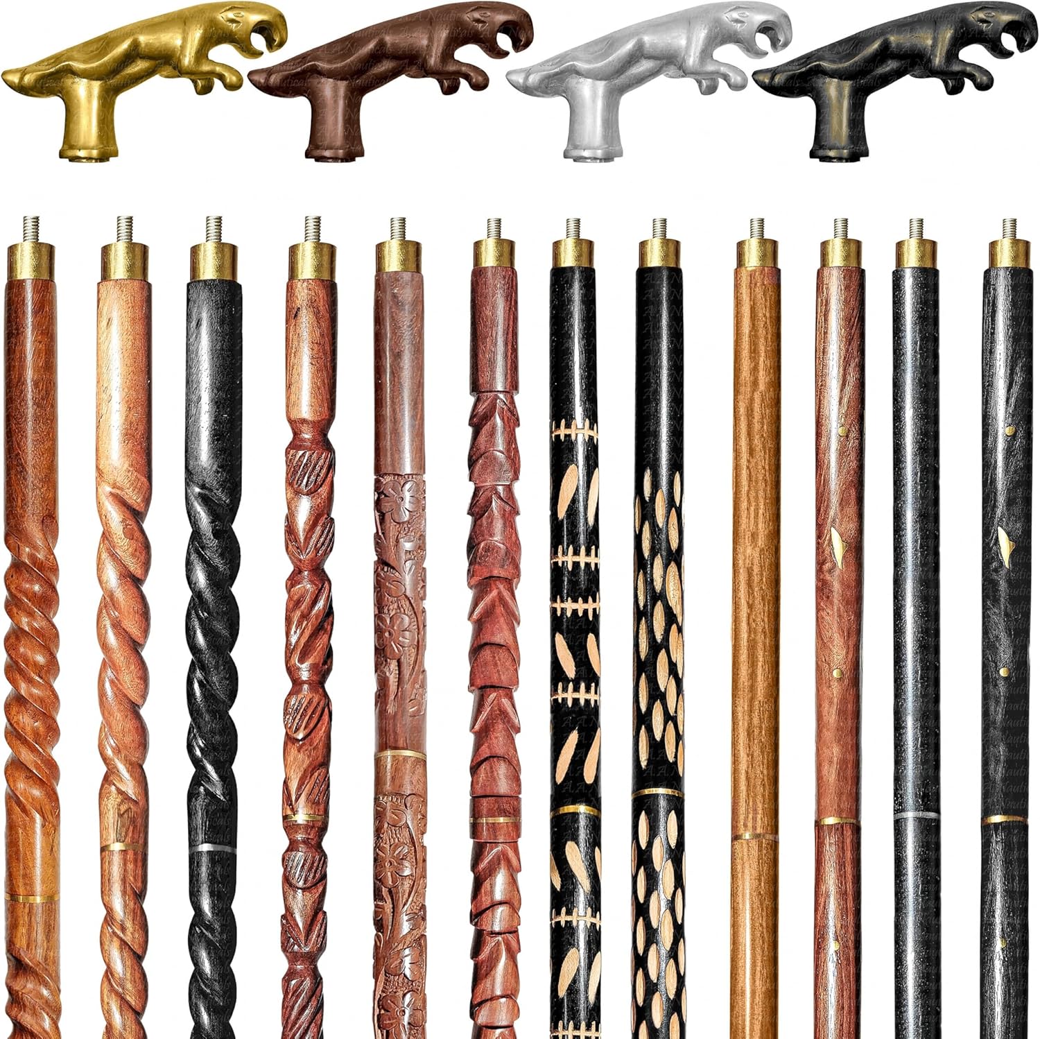 Wood Walking Staff Cane Stick with Puma Handle, Rubber Ferrule, Foldable, Adjustable, Custom 31-61 in, AANWS153