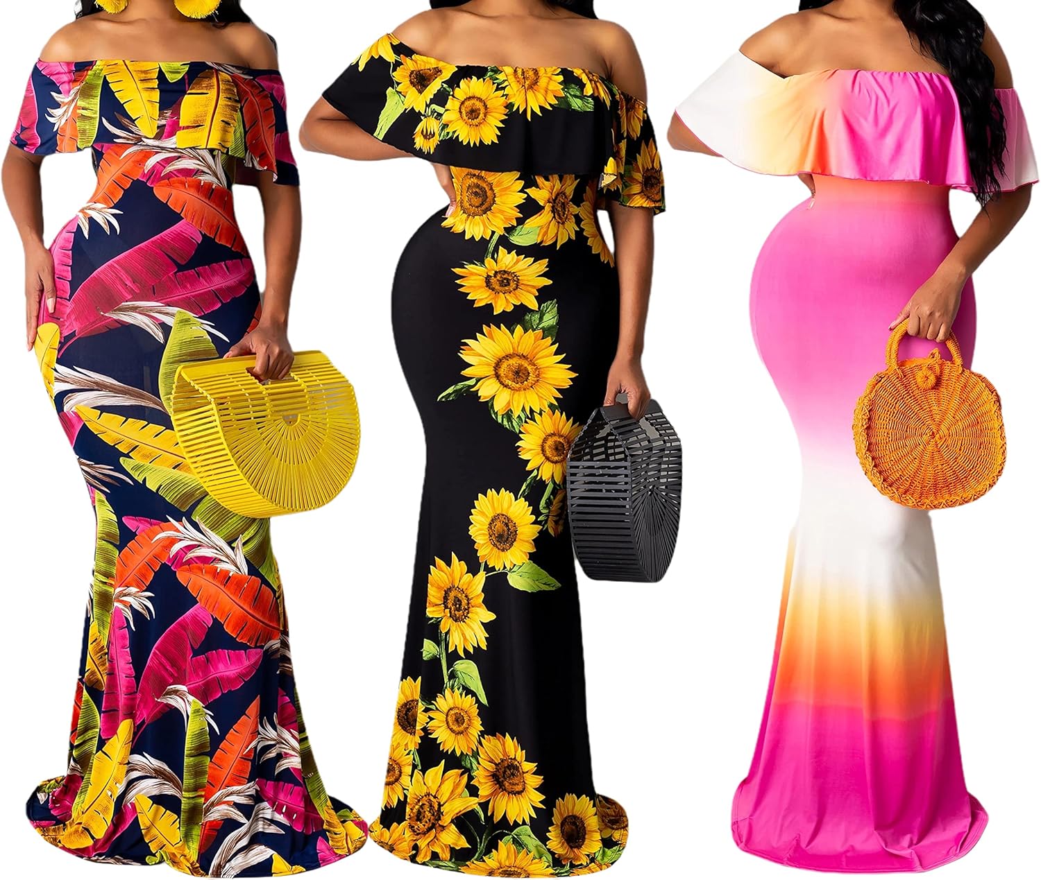 Women's Sexy Summer Off Shoulder Maxi Dress Floral Ruffle Evening Party Long Dress - Image 6