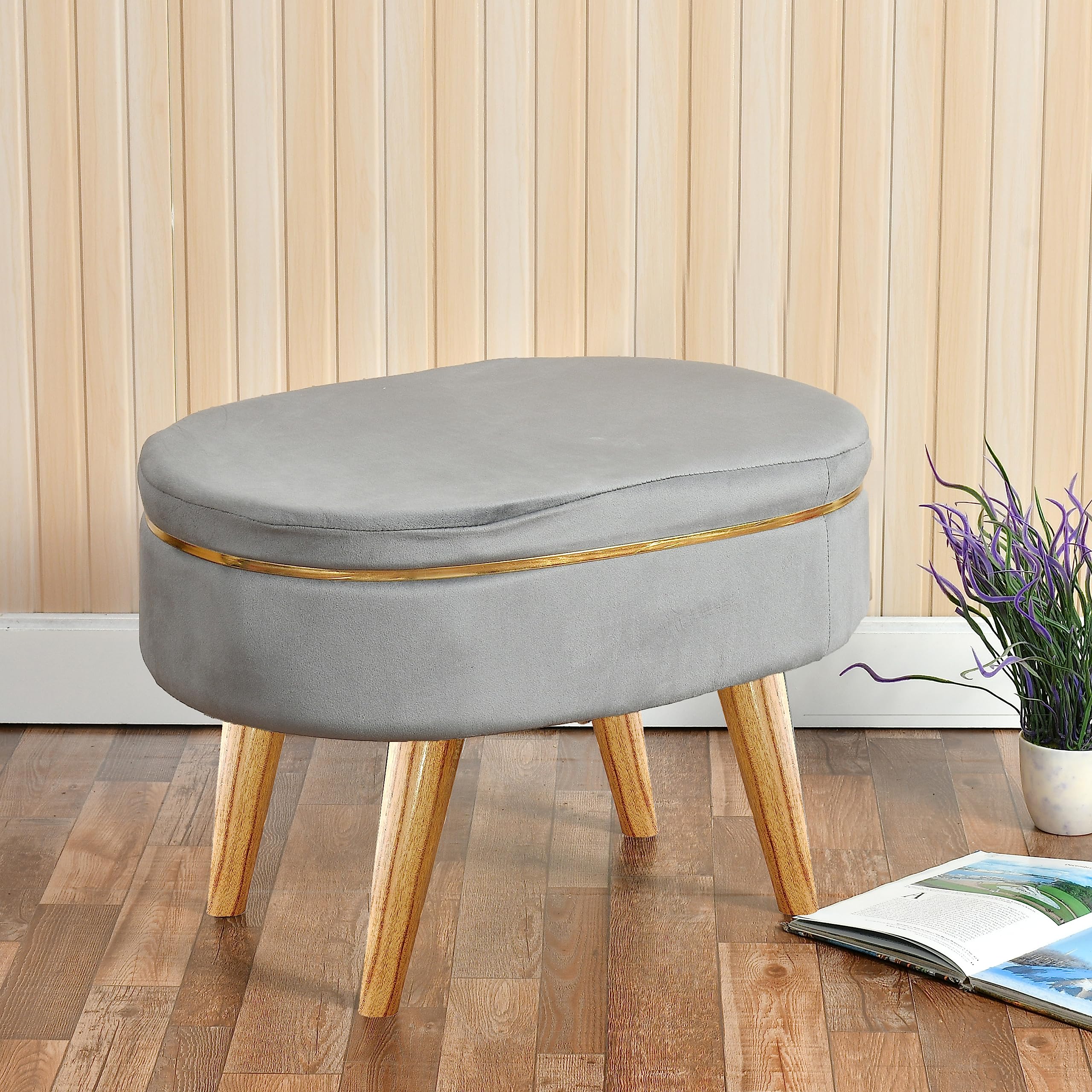 Ottoman Bench for Living Room | Upholstered Seating with Wooden Legs| Multipurpose Seating for Home & Office| Stylish Accent Furniture for Bedroom & Drawing Room Décor, Grey-image-18
