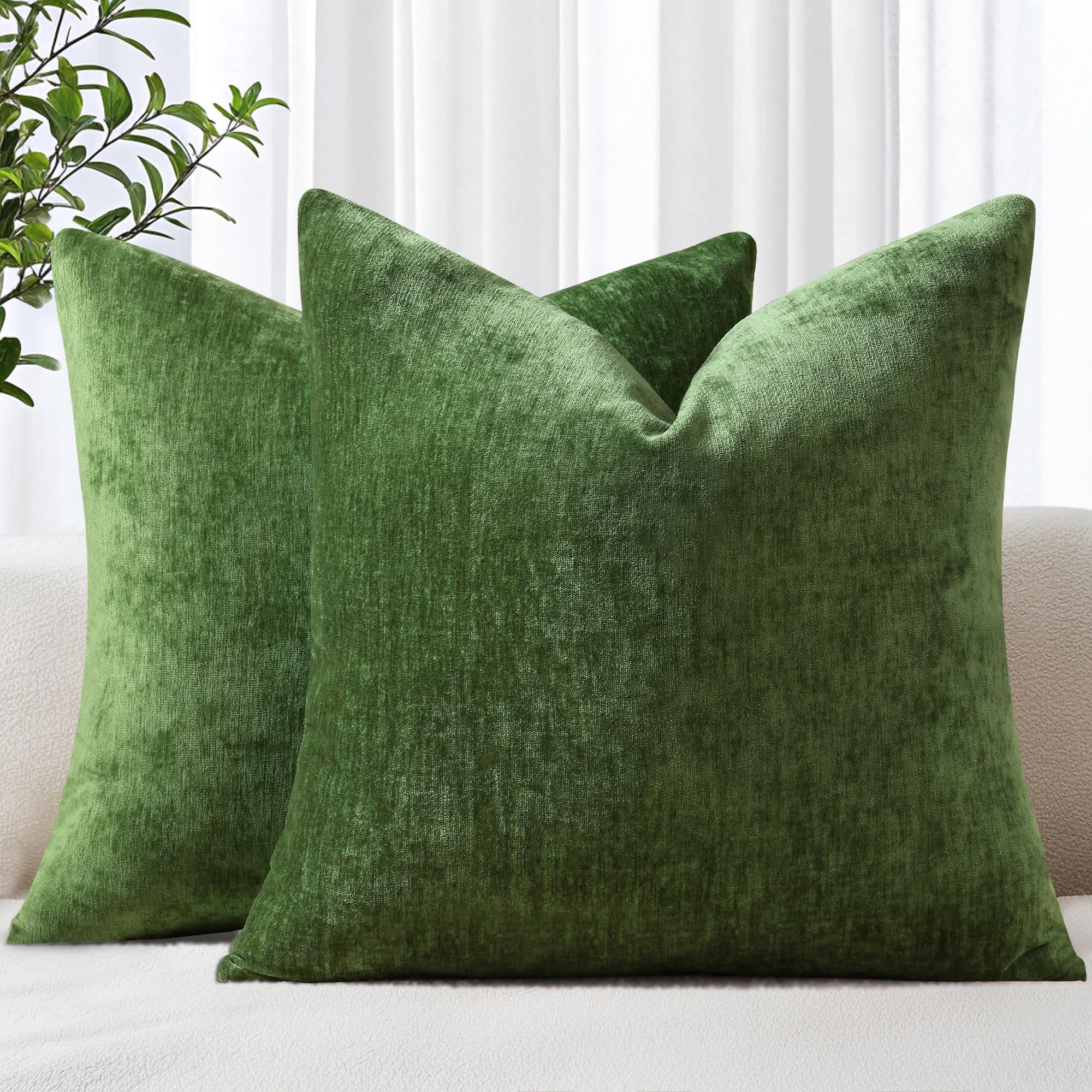 decorUhome Chenille Moss Green Throw Pillow Covers 18x18 Inch Set of 2, Decorative Soft Couch Pillow Covers Solid Dyed Accent Farmhouse Neutral Square Pillow Cases for Sofa Bed Living Room