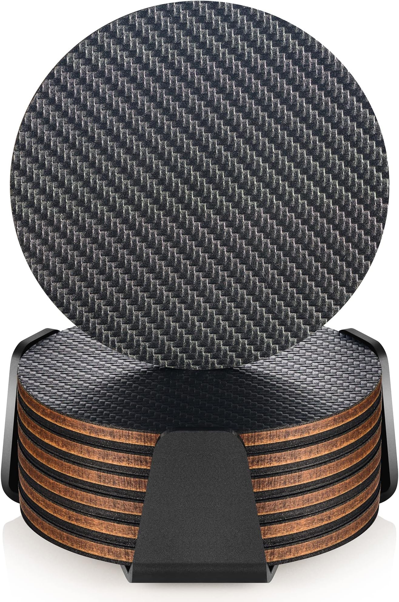 Modern Coasters for Drinks with Holder, Premium Carbon & Wood Drink Coaster, Unique Design (Dark Gray V2)