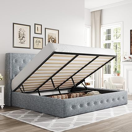 Allewie King Size Lift Up Storage Bed, Button Tufted Headboard with Wingback, Hydraulic Support, No Box Spring Needed, Grey Blue