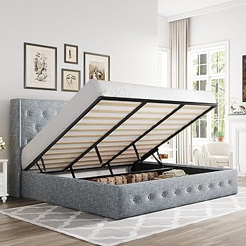 Allewie King Size Lift Up Storage Bed, Button Tufted Headboard with Wingback, Hydraulic Support, No Box Spring Needed, Grey Blue