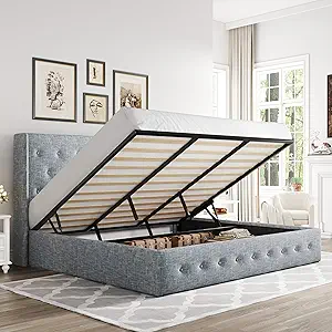 Allewie King Size Lift Up Storage Bed, Button Tufted Headboard with Wingback, Hydraulic Support, No Box Spring Needed, Grey Blue