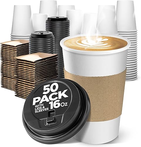 Miniatura 8 de Tazas de café desechables blancas con tapas, 16 onzas (paquete de 50), tazas de café de papel para bebidas calientes y frías, café, té, chocolate