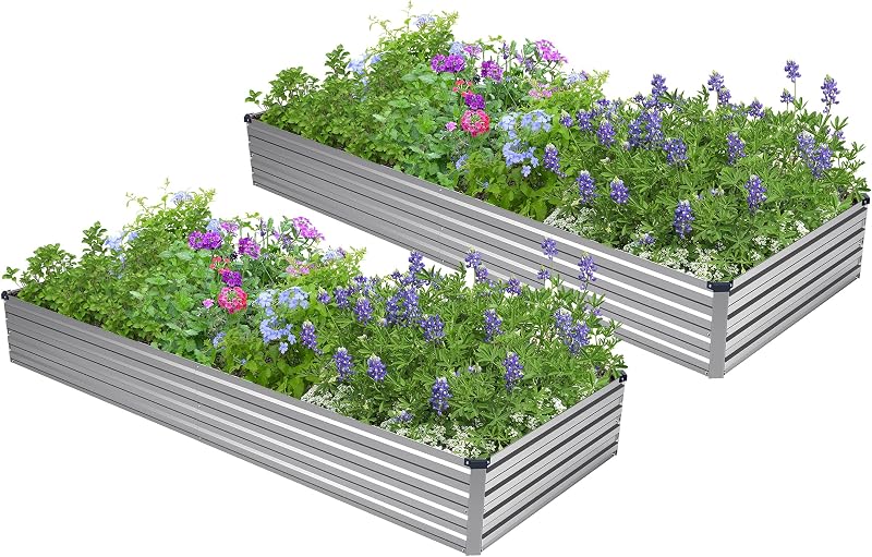 2PCS 8x4x1ft Galvanized Raised Garden Bed,Outdoor Planter Box Metal Patio Kit Planting Bed for Vegetables Flowers Herb,Silver