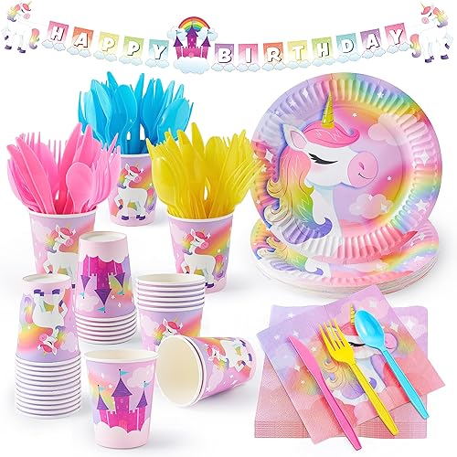 Miniatura 9 de JOYIN 145 piezas de suministros de fiesta de cumpleaños de unicornio con pancarta de unicornio para niñas, juego de vajilla desechable de unicornio