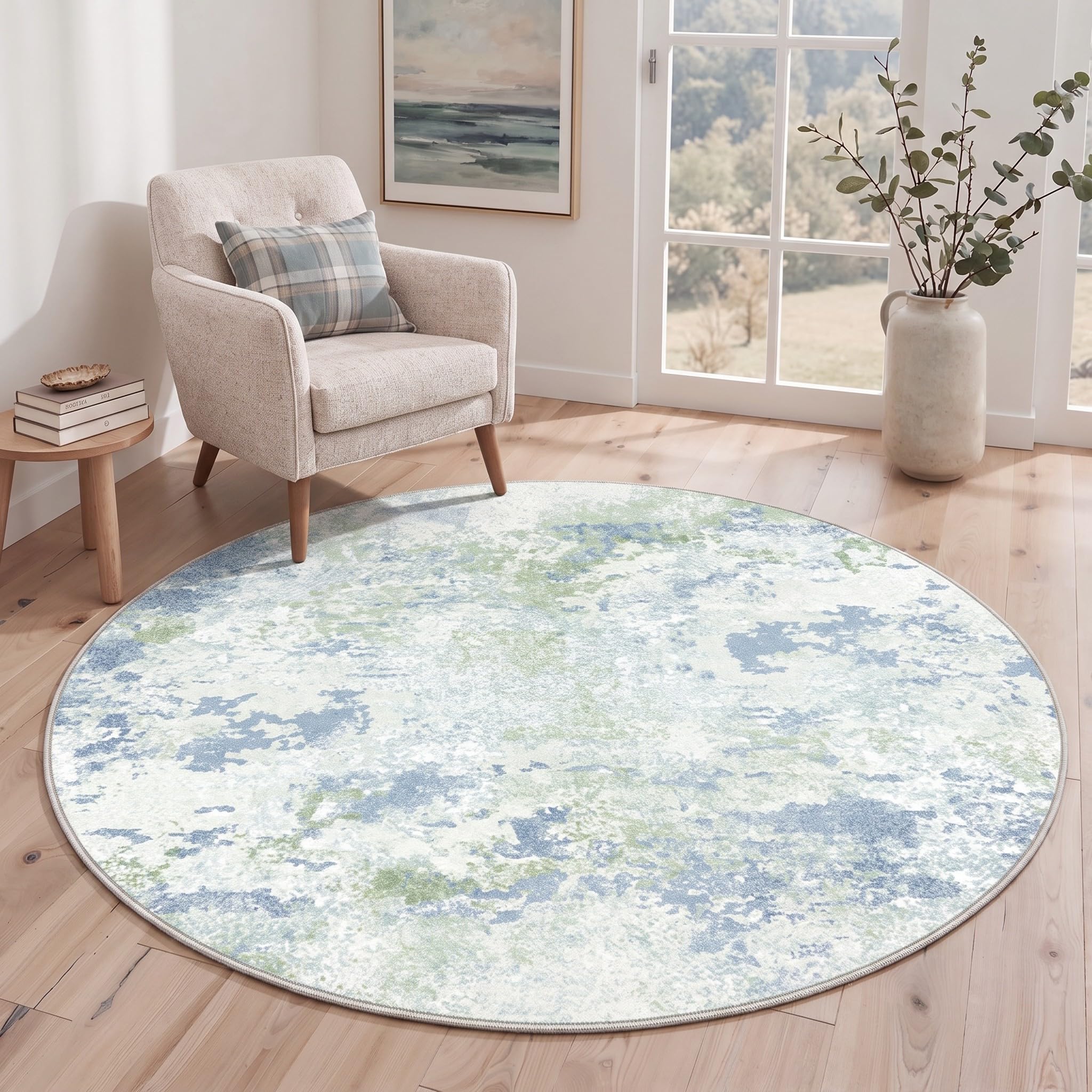BEIMO 5FT Round Rug for Bedroom, Green Ivory Washable Abstract Rug