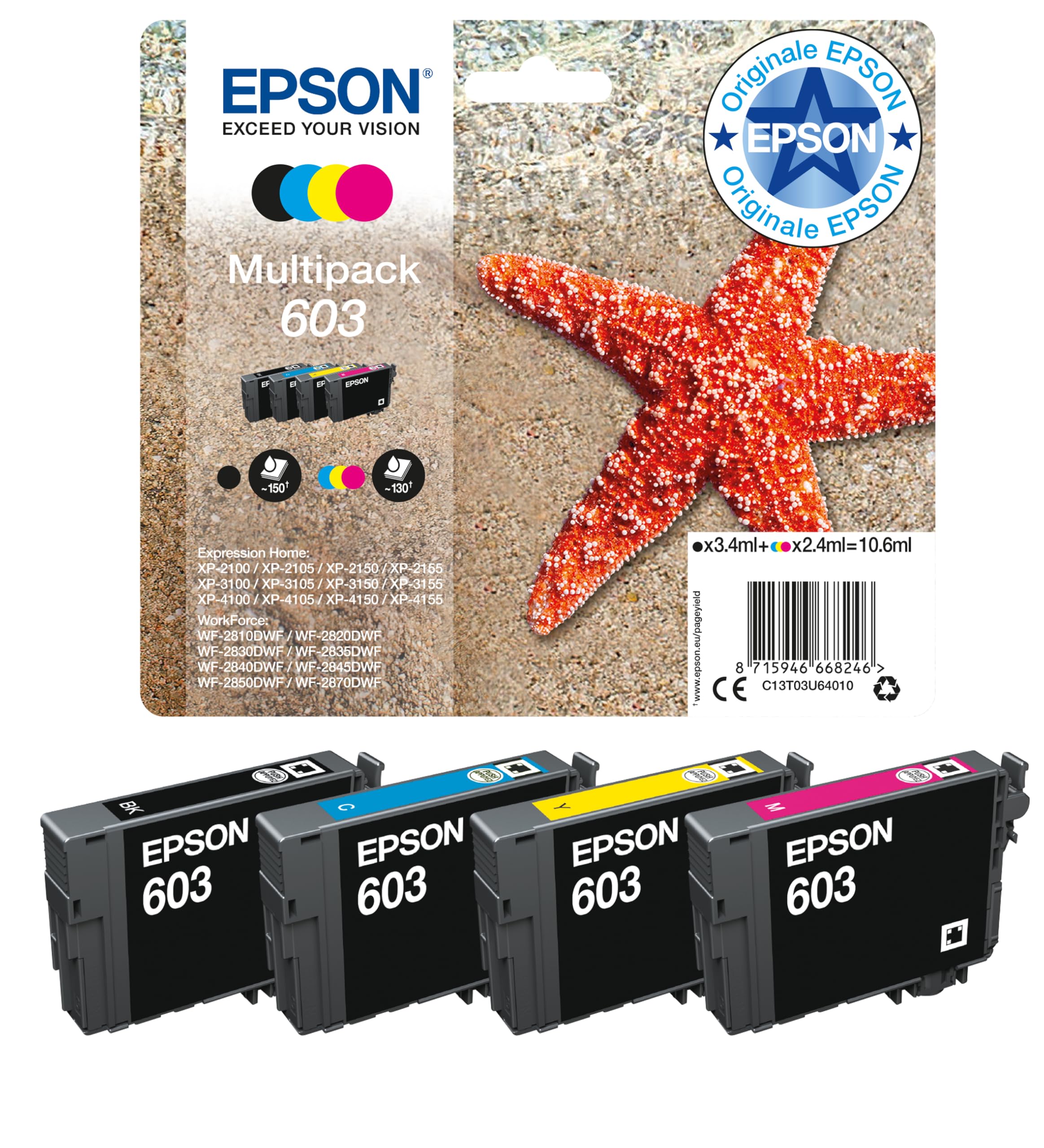 Epson Serie 603 Stella Marina - Cartucce originali per Stampante getto d'Inchiostro, Multipack 4 colori (Nero, Ciano, Magenta, Giallo) Formato STD, Stampa fino 130 pagine colori/​150 Black, Pack Retail
