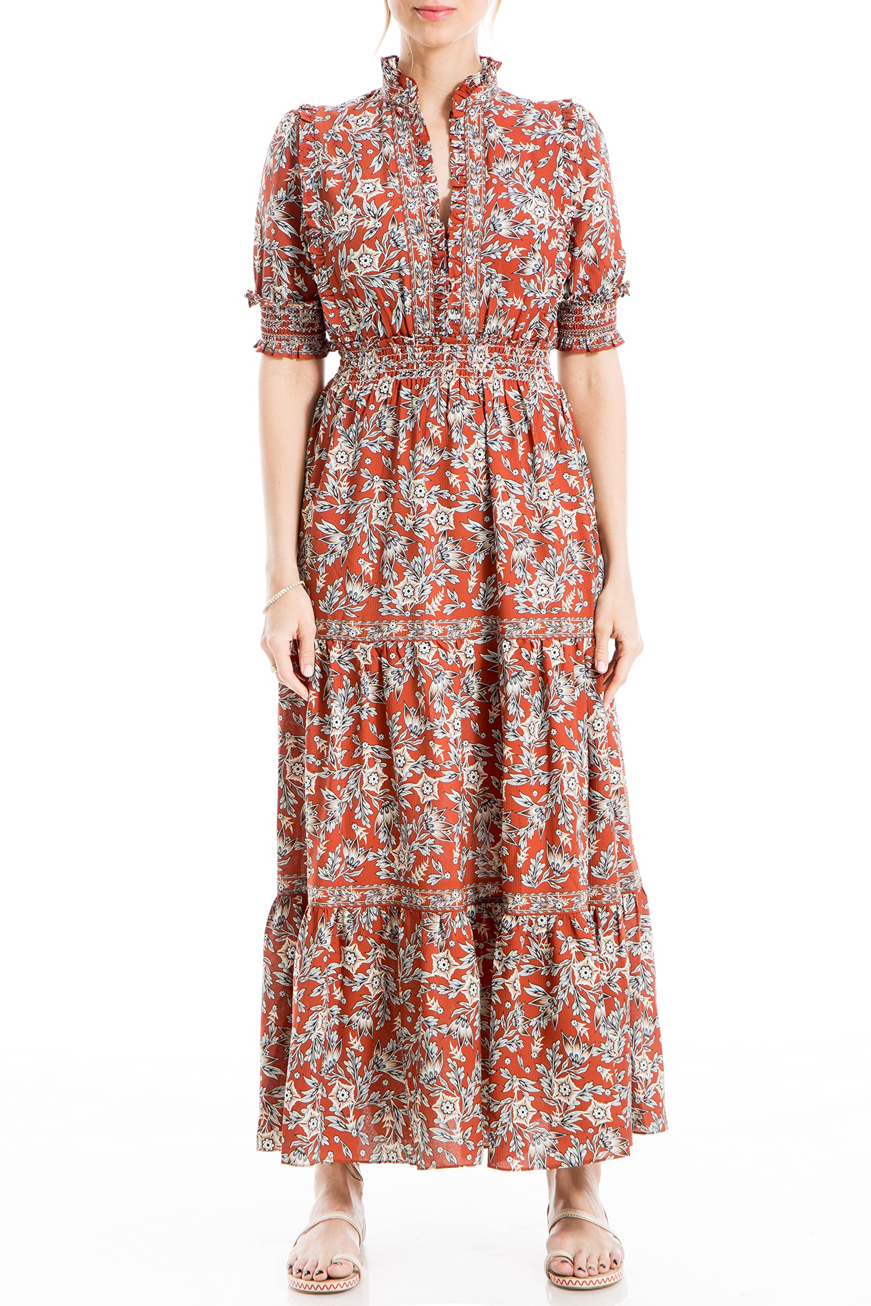 Max Studiowomens Elbow Length Sleeve Print Tiered Maxi Dress Dress