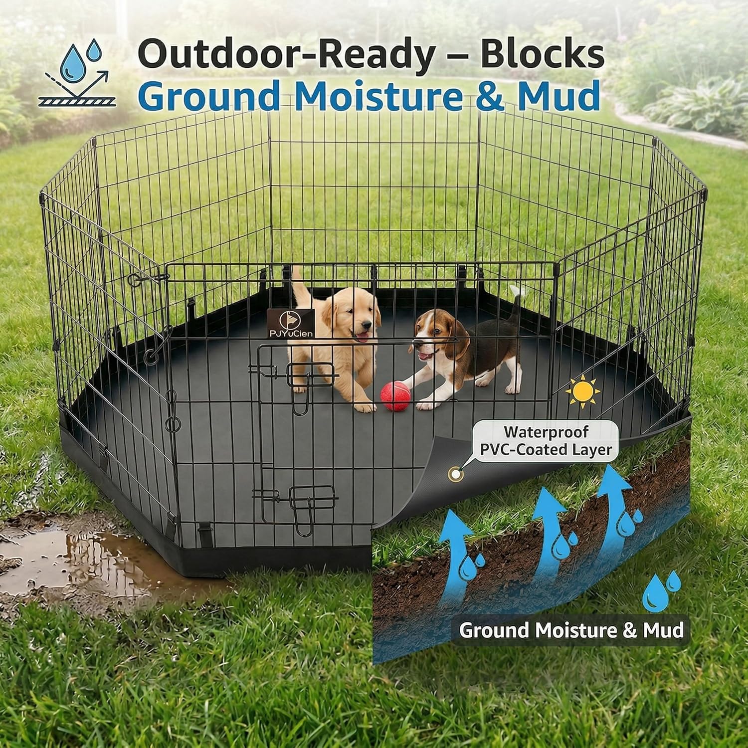 PJYuCien Octagonal Playpen Bottom Pad for 24" Side Metal Pet Pen, Waterproof 600D Oxford with Raised Edges & Snap Hooks, Washable for Puppy Small Animals, Black