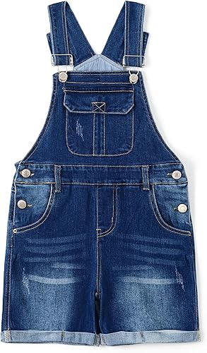 KIDSCOOL SPACE Girls Shorts, Baby Little Girls Stretchy Denim Shortalls, Deep Bl