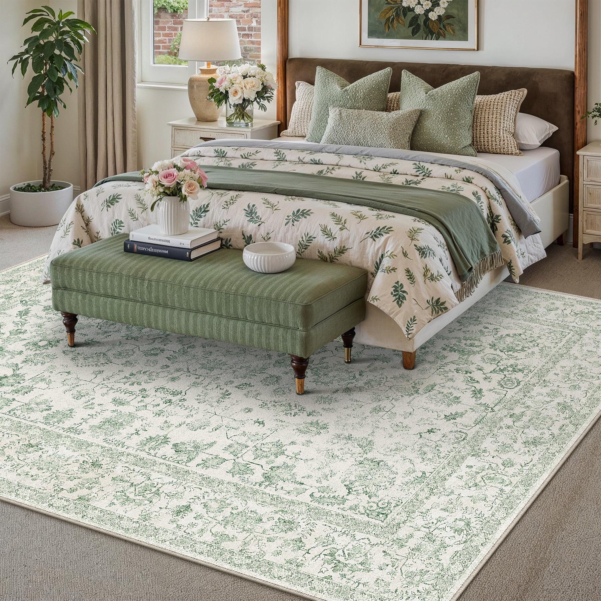 PureCozy 4x6 Green Area Rug Washable Non Slip Vintage Carpet Living Room