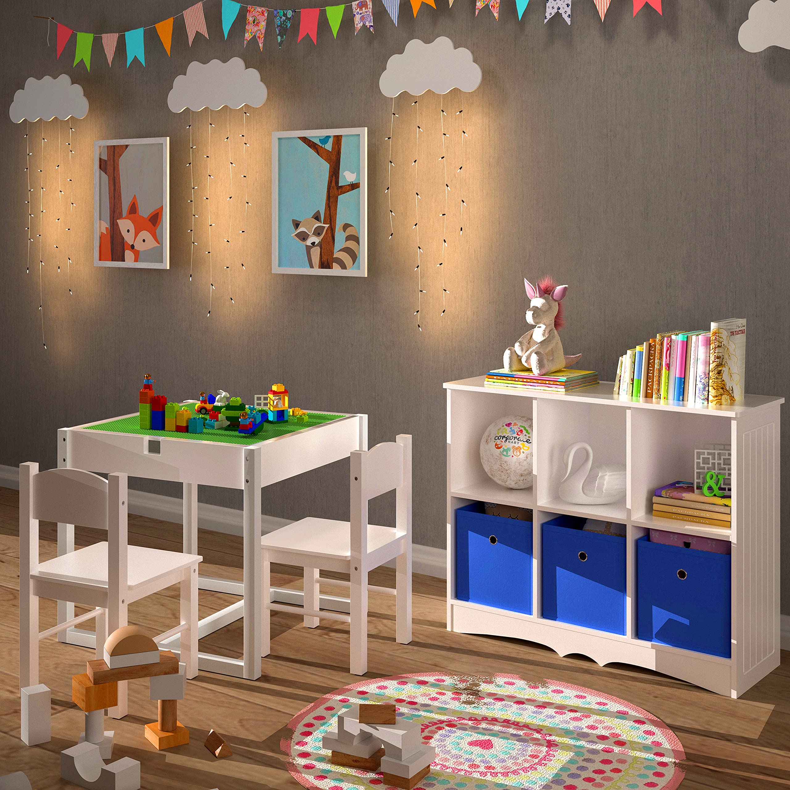 Juego de mesa para niños 3 en 1 para 2, mesa y sillas para niños, mesa de actividades para niños pequeños con almacenamiento oculto, escritorio de madera para edades de 3 a 7 años, color blanco y 4