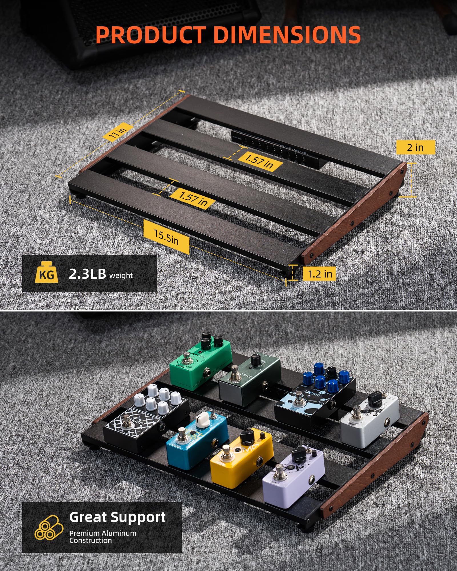 LEKATO Gitarren-Pedalboard mit integriertem Netzteil, 39,4 x 28 x 5 cm großes Effektpedalboard für Bühne Studio Zuhause, Aluminiumkonstruktion, integrierte isolierte Stromversorgung (PB-03S)