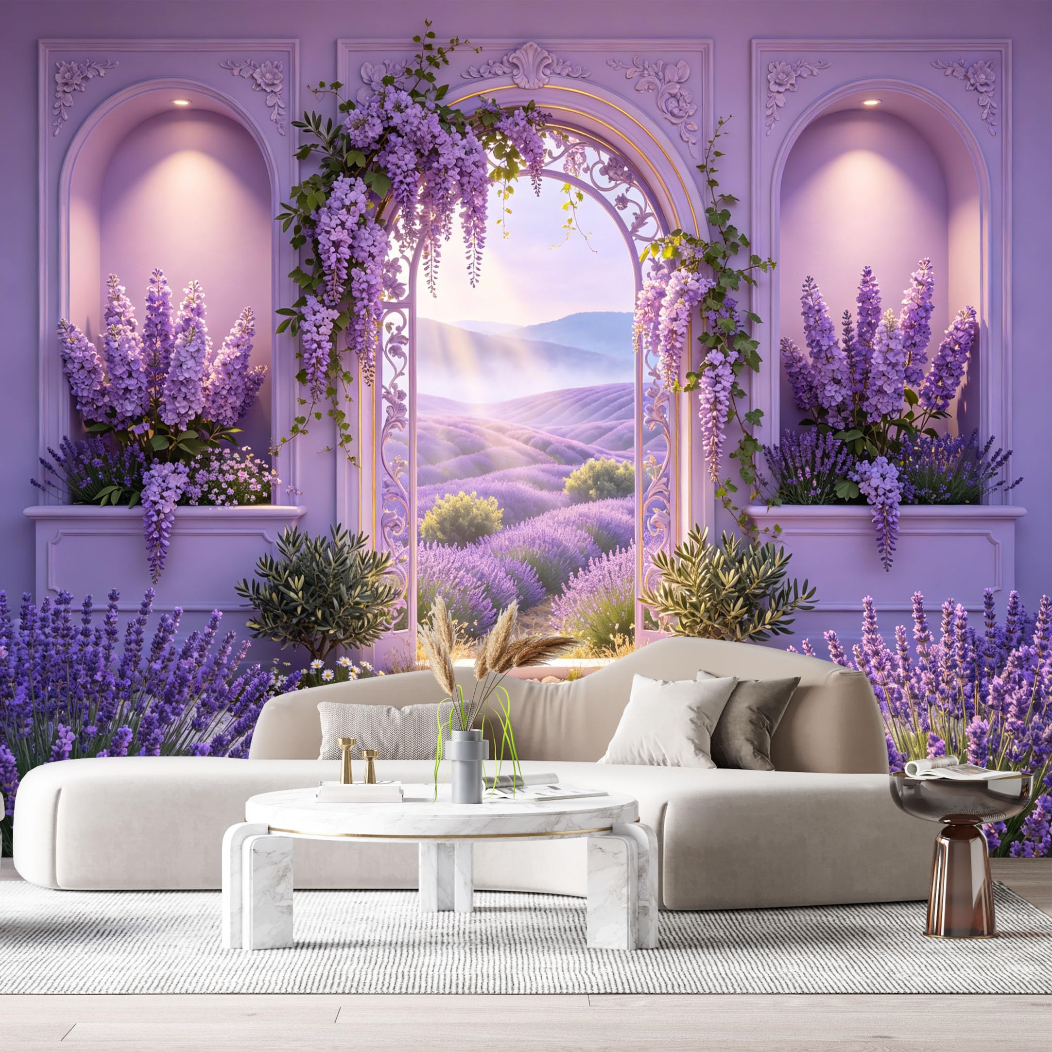Custom Size Wall Murals Lavender Fields Botanical Archway Neoclassical Sunset Scenery SelfAdhesive Wall Fabric Removable Large Wallpaper for Photo Living Room