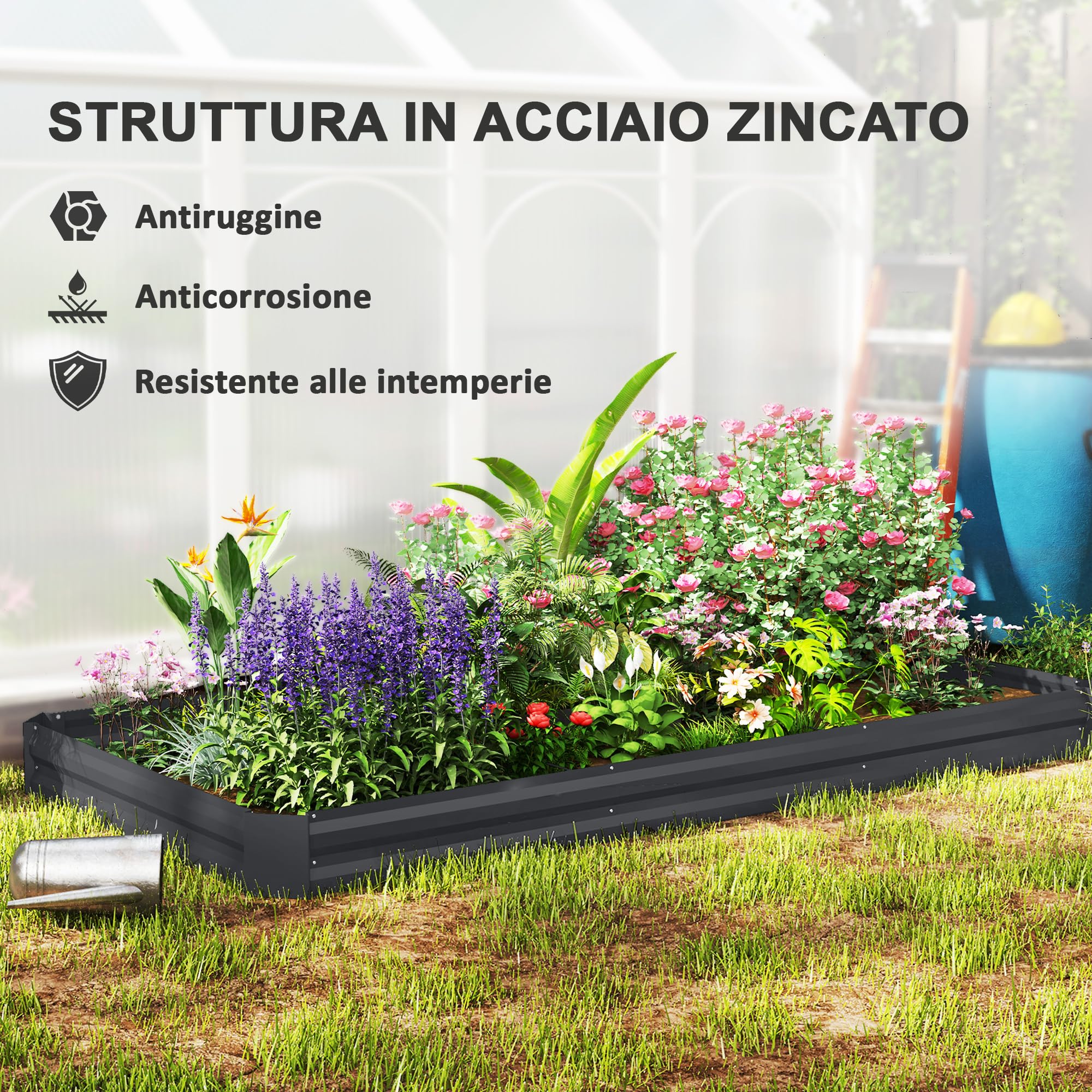 Outsunny Letto per Orto Rialzato da Esterno 835L, Fioriera da Balcone in Acciaio Galvanizzato con Fondo Aperto, per Piante, Fiori e Verdure, 240x120x30cm, Grigio Scuro