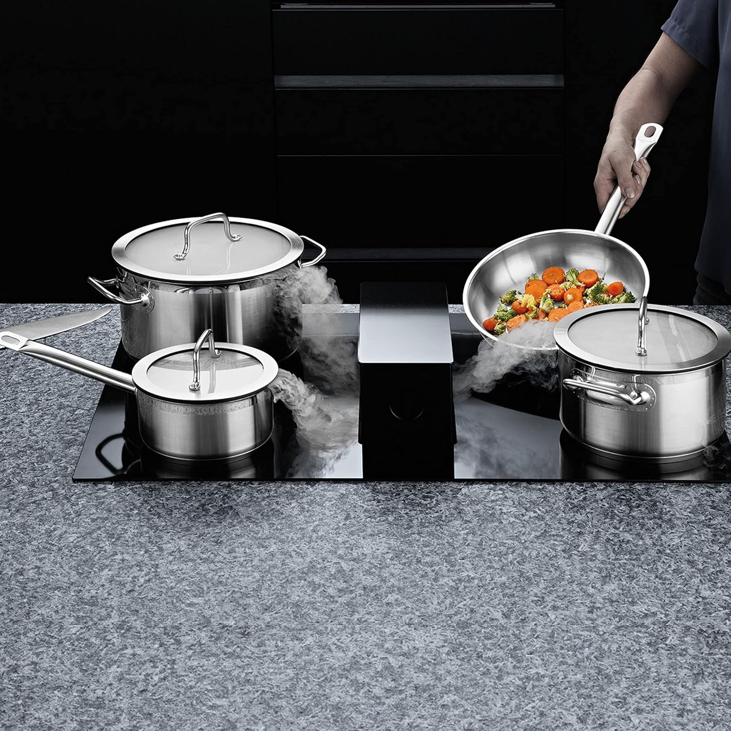 GEM 7Pc 18/10 Stainless Steel Cookware Set Glass Lid With Steam Vent Wide Handles Essentials Hotel Standard Downdraft Mirror Finish