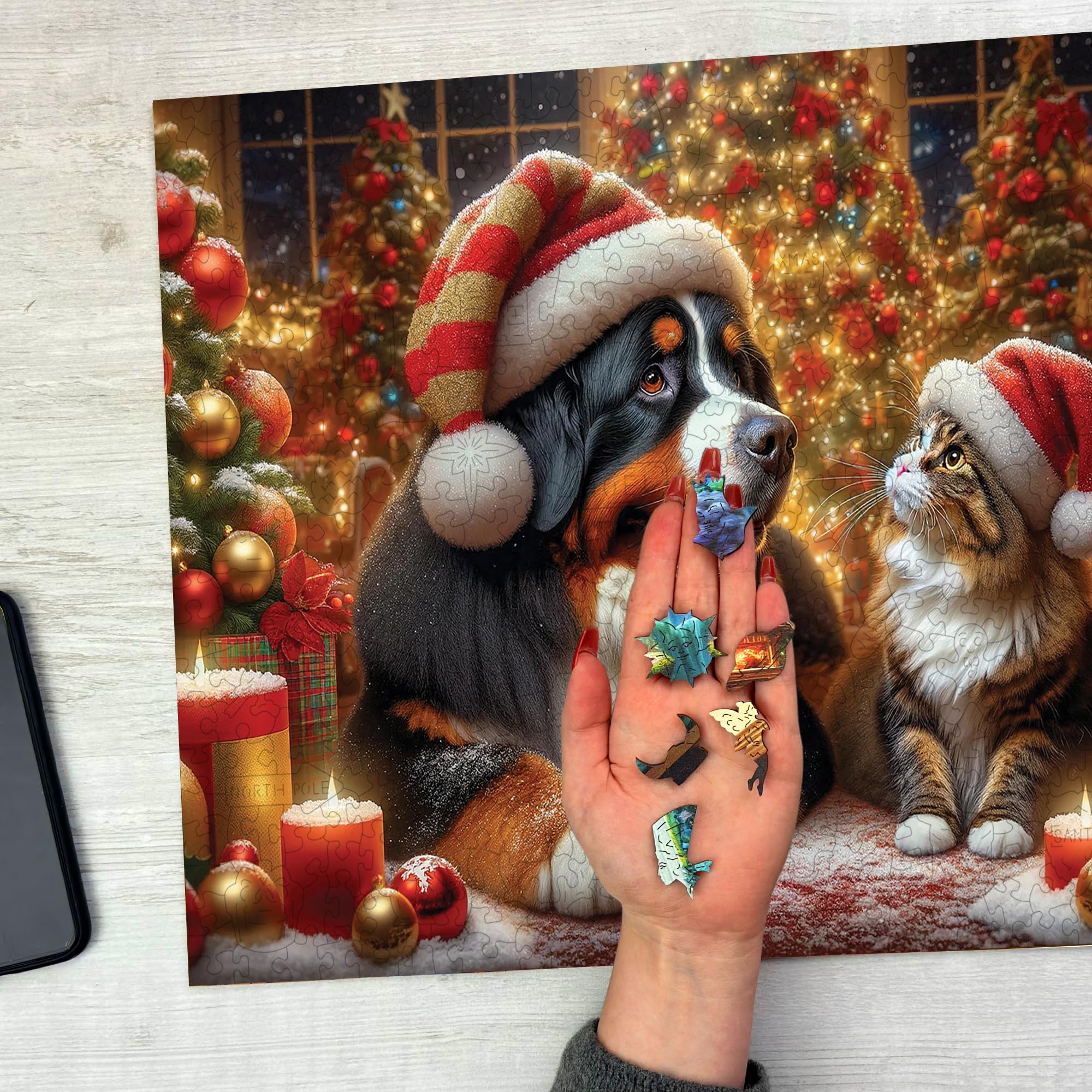 WOODEN.CITY Rompecabezas de Madera de 500 Piezas – Escena Navideña “Perro y Gato Navideños”, 50 Figuras Únicas, Corte Láser de Alta Precisión, Decoración de Temporada