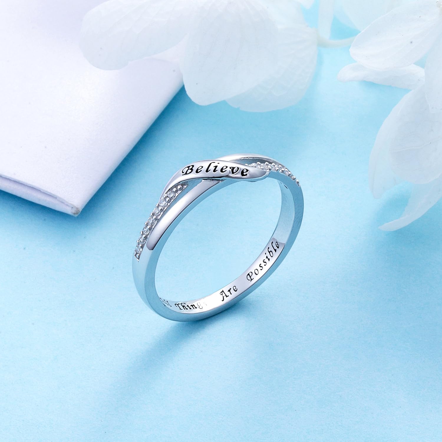 DAOCHONG Inspirational Jewelry Sterling Silver Engraved Believe All Things are Possible Band Ring for Women Girlfriend, Size 5-10