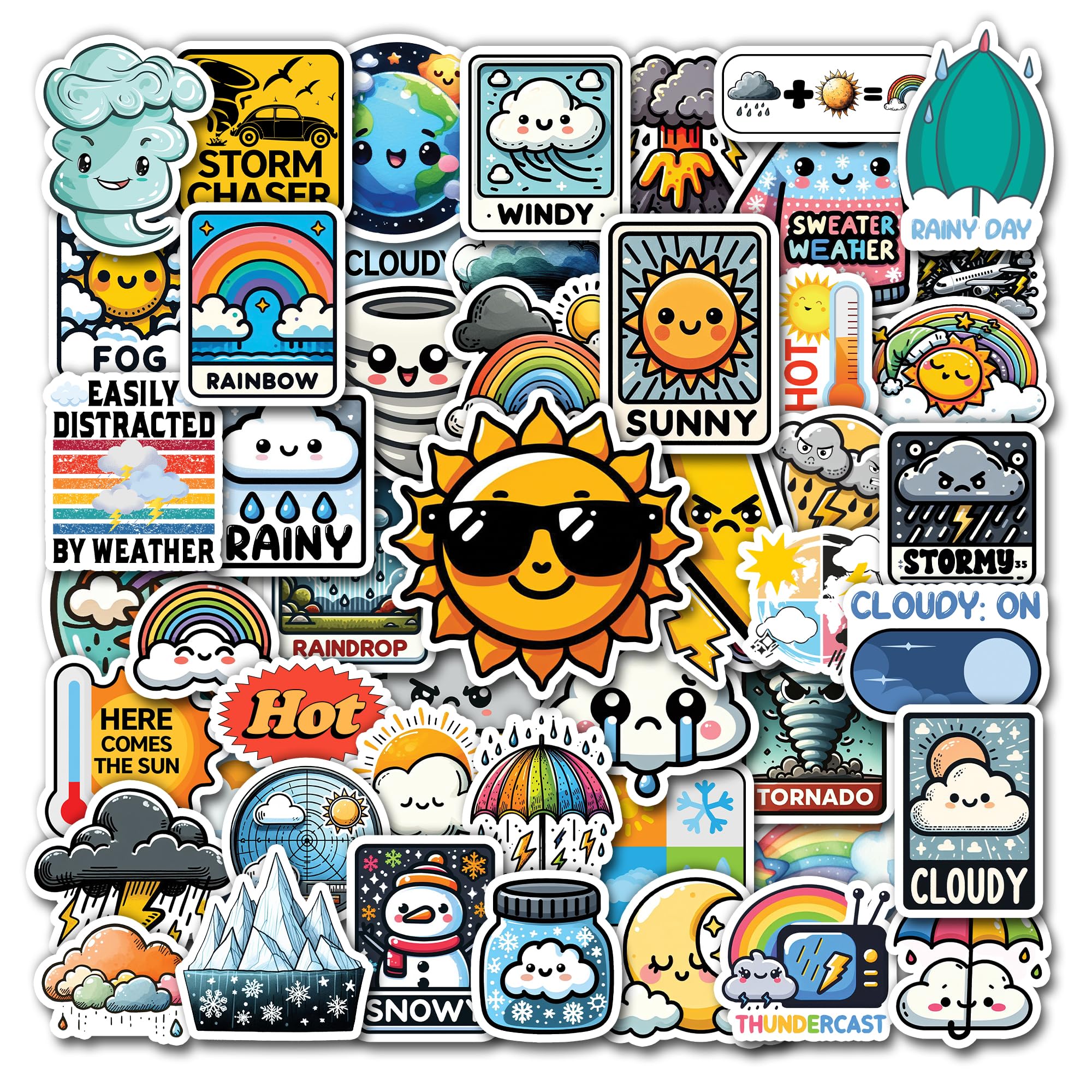 WESILY Pack 50 PCS Weather Signs Stickers Cute Waterproof Vinyl Decals Set Bulk Small Decorations Water Bottles Phone Case Laptop Luggage Scrapbook