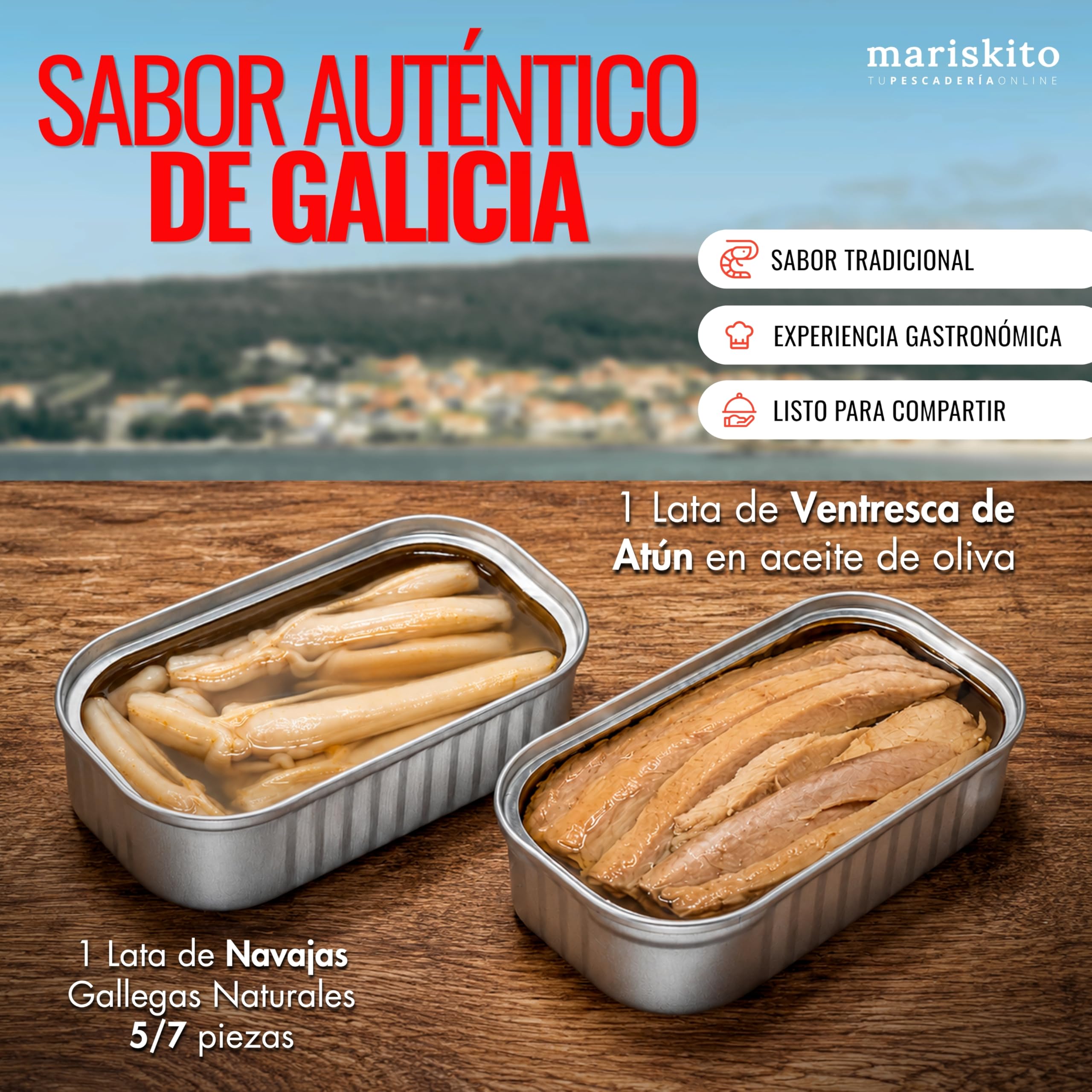 MARISKITO | Pack Conservas Gourmet Gallegas “La Mar de Sensaciones” – Caja Regalo - 6 Conservas Premium – Mejillones, Pulpo, Navajas, Zamburiñas, Ventresca y Sardinillas – Estuche Delicatessen