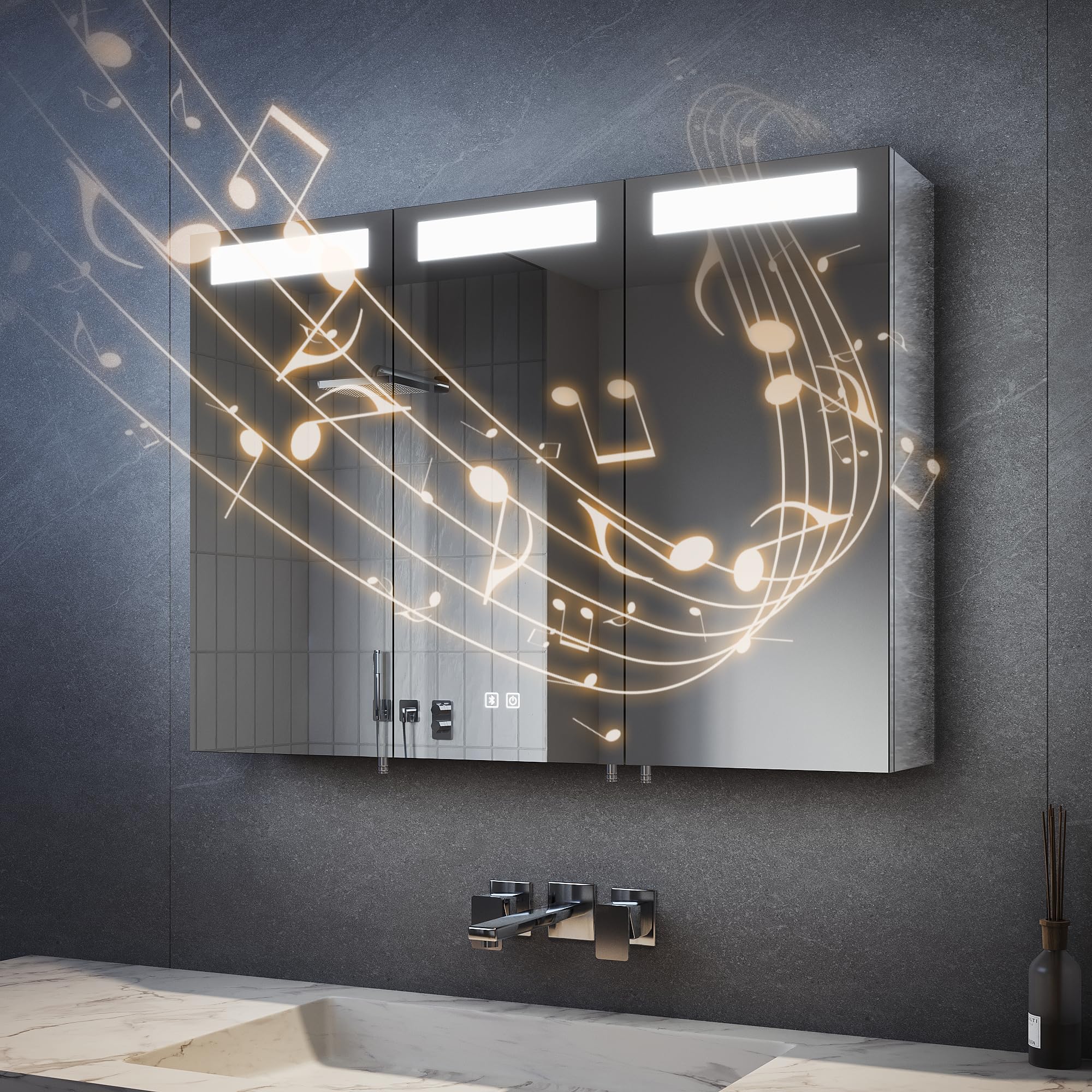 SVNR 90x65 cm Spiegelschrank Mit LED-Beleuchtung Fürs Badezimmer, 3-Türiger Badspiegelschrank Beleuchtung Mit Bluetooth, Touch-Schalter, Antibeschlag & Steckdose (Silber)