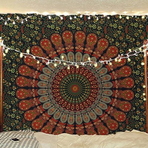 Bless International - Tapiz hippie indio bohemio psicodélico azul dorado pavo real mandala colgante en la pared (verde dorado, póster (29.9 x 39.8
