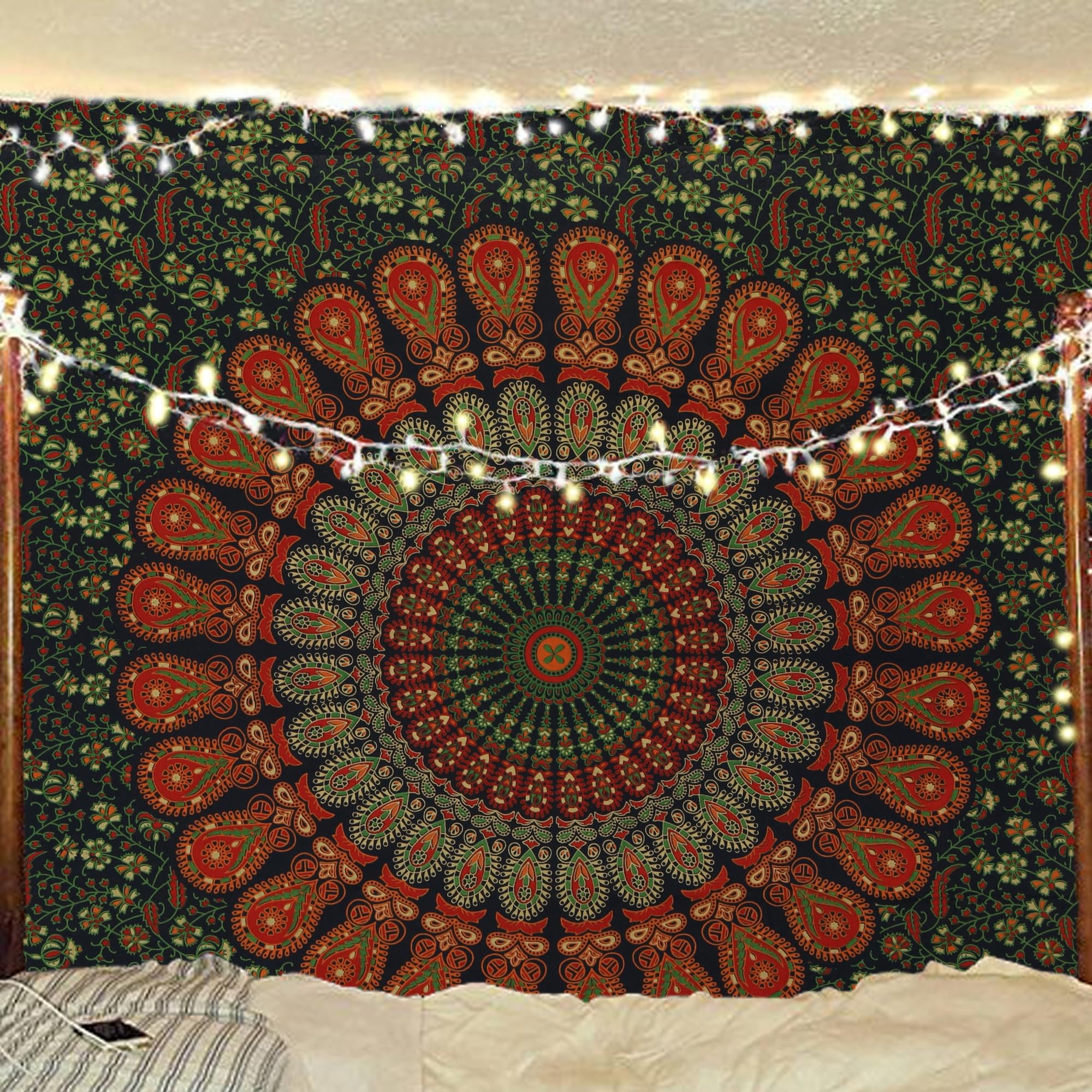 Tapisserie murale affiche style hippie bohémien jeté de table vert doré