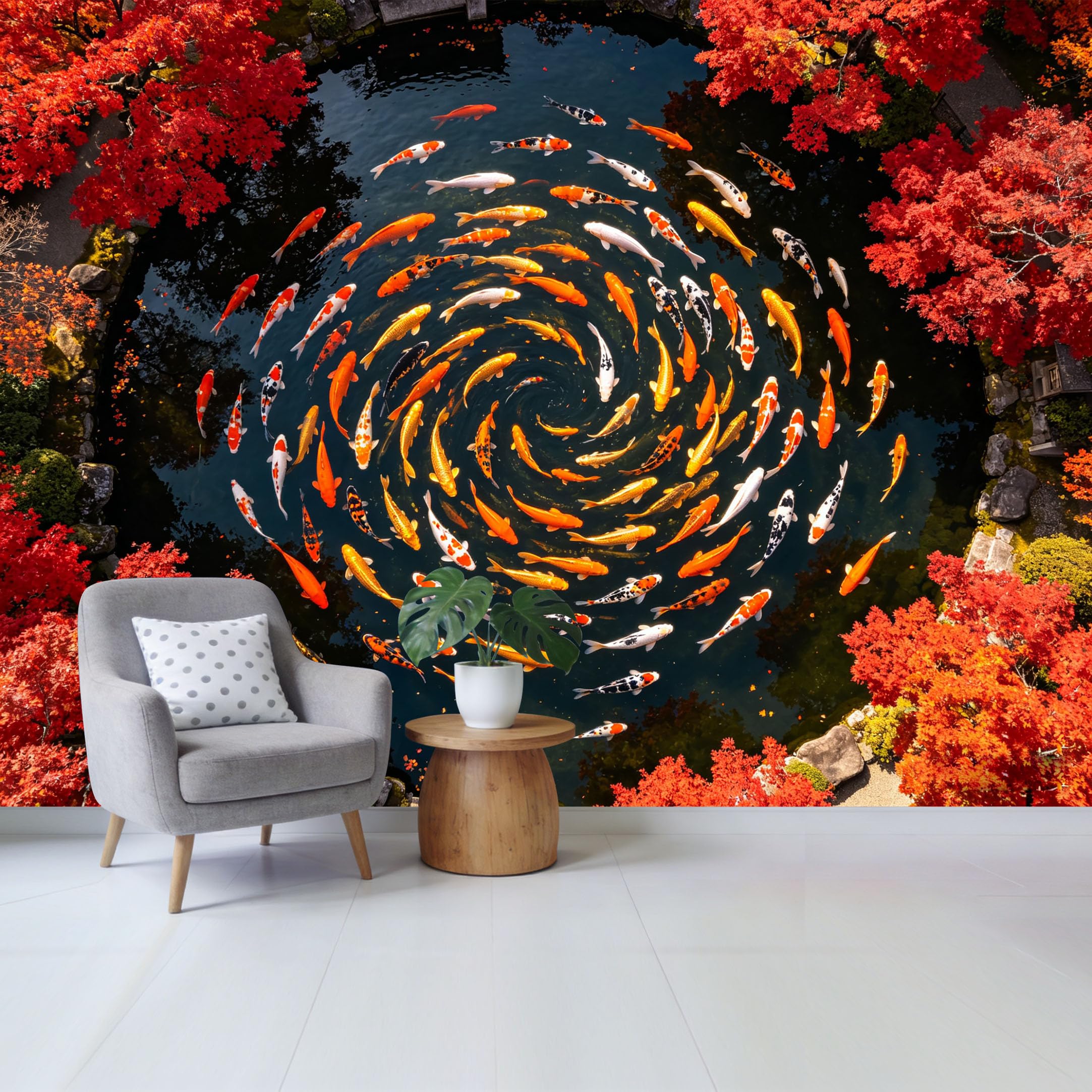 Qzlithotic Yq2605250001 Custom Size Wall Mural Spiraling Koi Fish Pond Red Maple Leaves Zen Landscape Selfadhesive Wall Fabric Removable Wallpaper For Home Office Decor