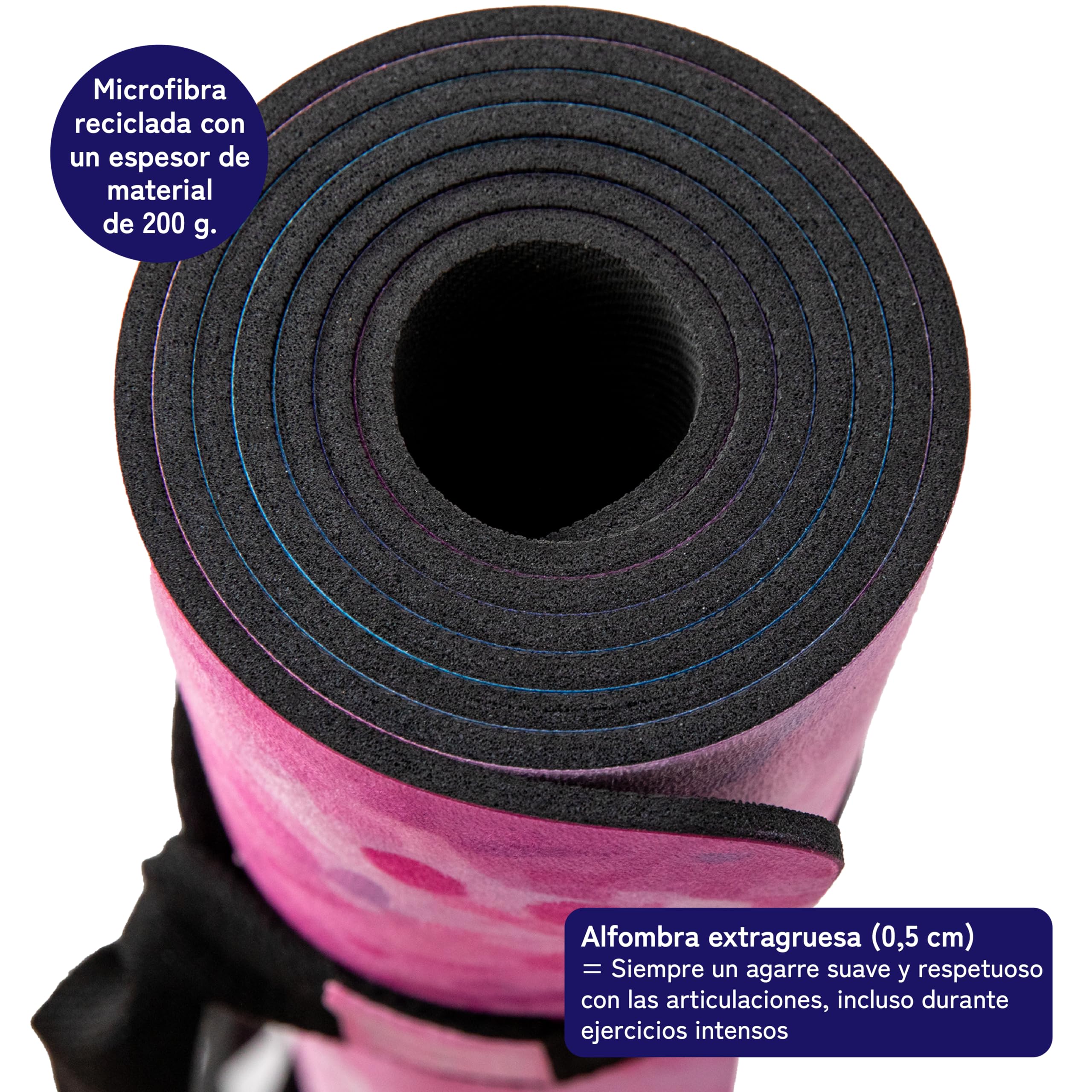 Esterilla de yoga sostenible y antideslizante: caucho natural antideslizante y superficie de microfibra absorbente, extra ancha y gruesa 183 x 68 x 0,5 cm, correa de transporte