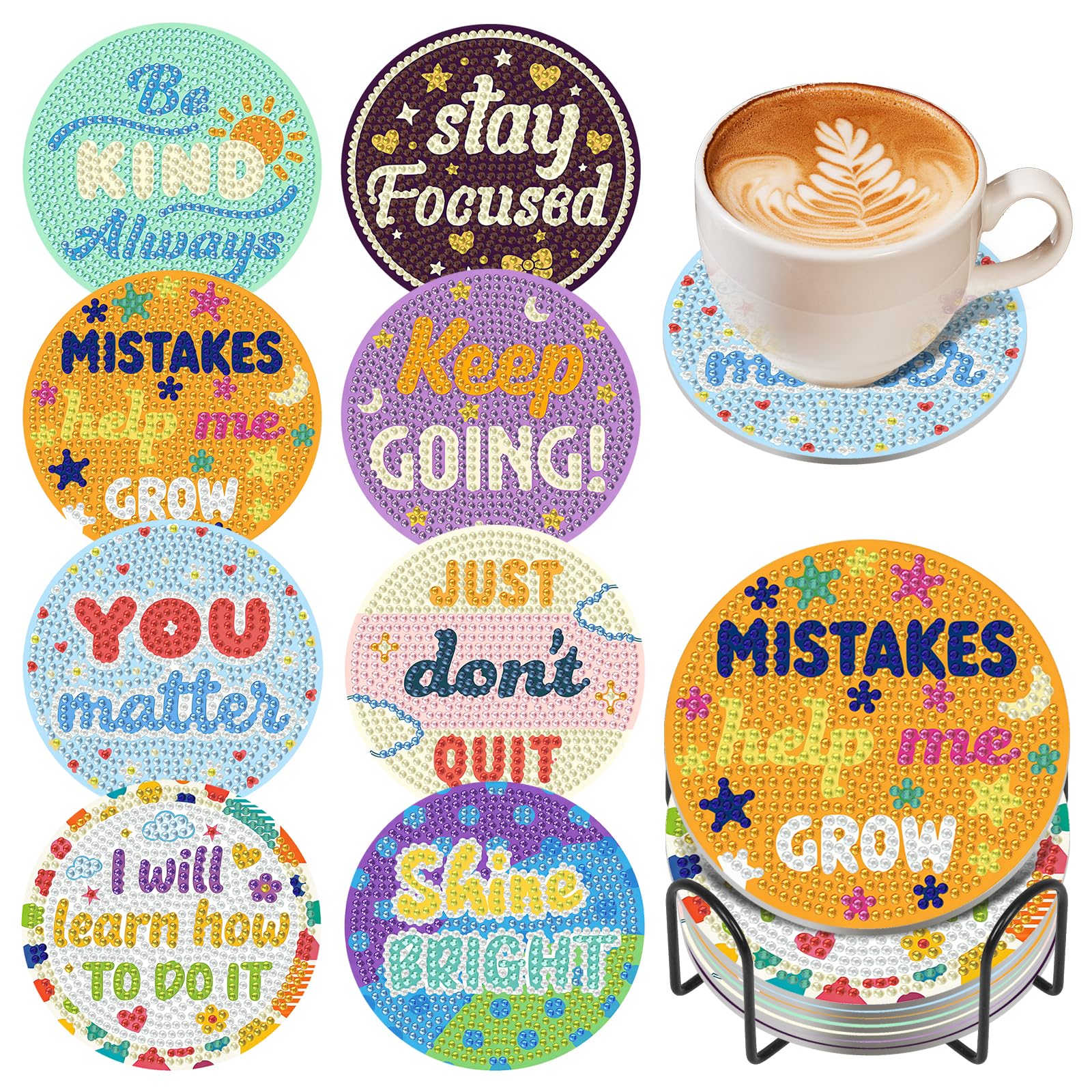 8 Pcs Inspirational Diamond Art Coasters Set with Holder, 5D DIY Inspiring Diamond Painting Coasters Kits for Adults, Non Slip Coaster Gem Art Crafts Supplies