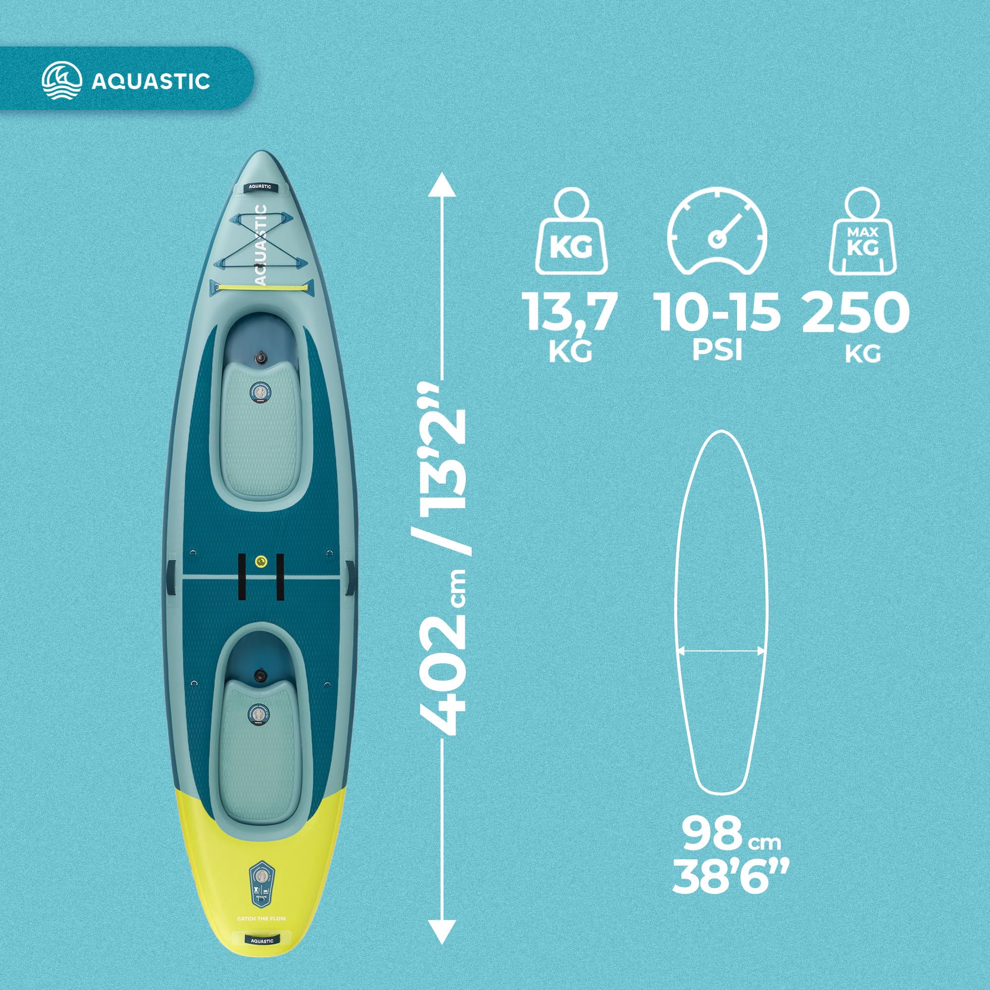 AQUASTIC Raglan 13'2" SUP Kajak Hybrid Board – 620L, 2 Paddelpositionen, Sitz montierbar, Drop Stitch Lite, 98cm breit, 2 Finnen, Eva Deck, Komplettset mit Paddel, Pumpe & Rucksack