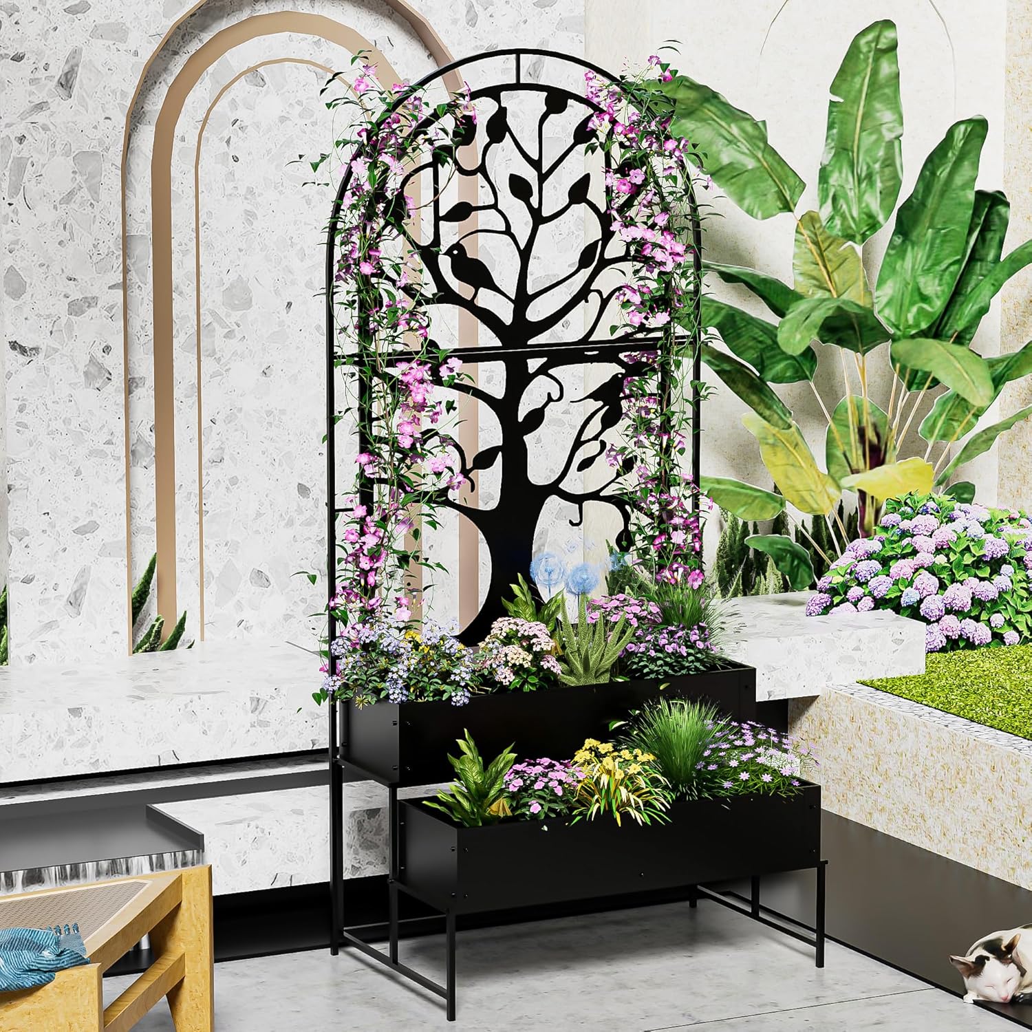 Arched Outdoor Planter Box with Trellis for Climbing Plants, 2 Tiers Metal Privacy Planters for Patio, Tall Raised Garden Bed with Legs, for Vegetables, Fruits, Balcony, 75.2 x 22 x 34.6 Inch, Black