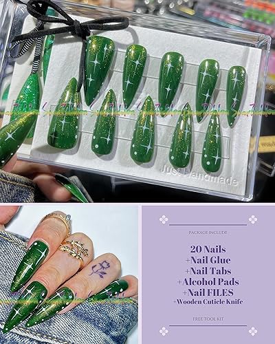 Miniatura 4 de HAND-PAINTED Green False Nails Set Short Square Press on Nails Medium with 7g Glue for Women Presson on Nails Set Short Almond French Tip Long