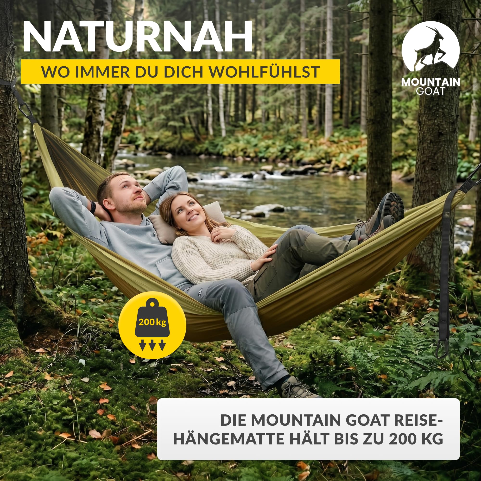 MOUNTAIN GOAT Hängematte Outdoor für 2 Personen, 300 × 200 cm, Doppelhängematte mit Befestigungs-Set, Nylon Camping Reisehängematte, 200 kg Belastung, Grün