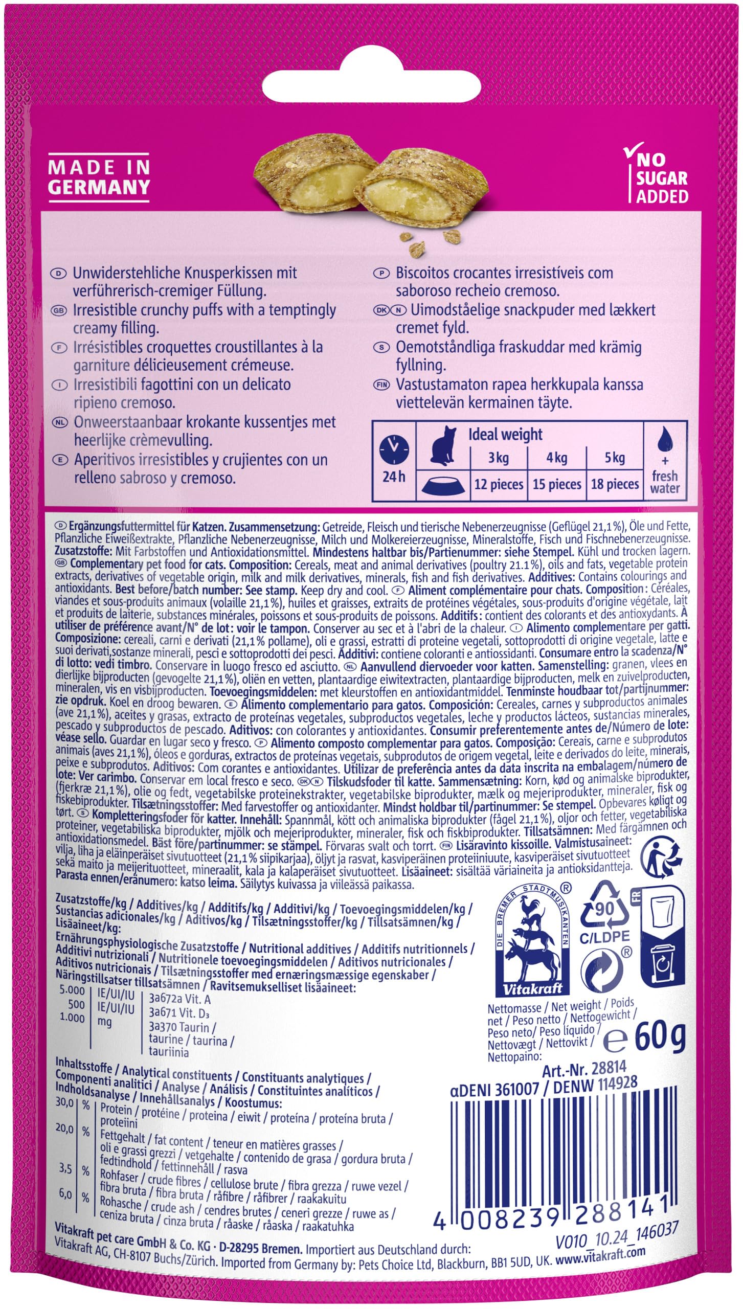 Vitakraft Crispy Crunch Classic, golosina para gatos, snack crujiente relleno de ave, en bolsa resellable, sin azúcar añadido (1x 60g)