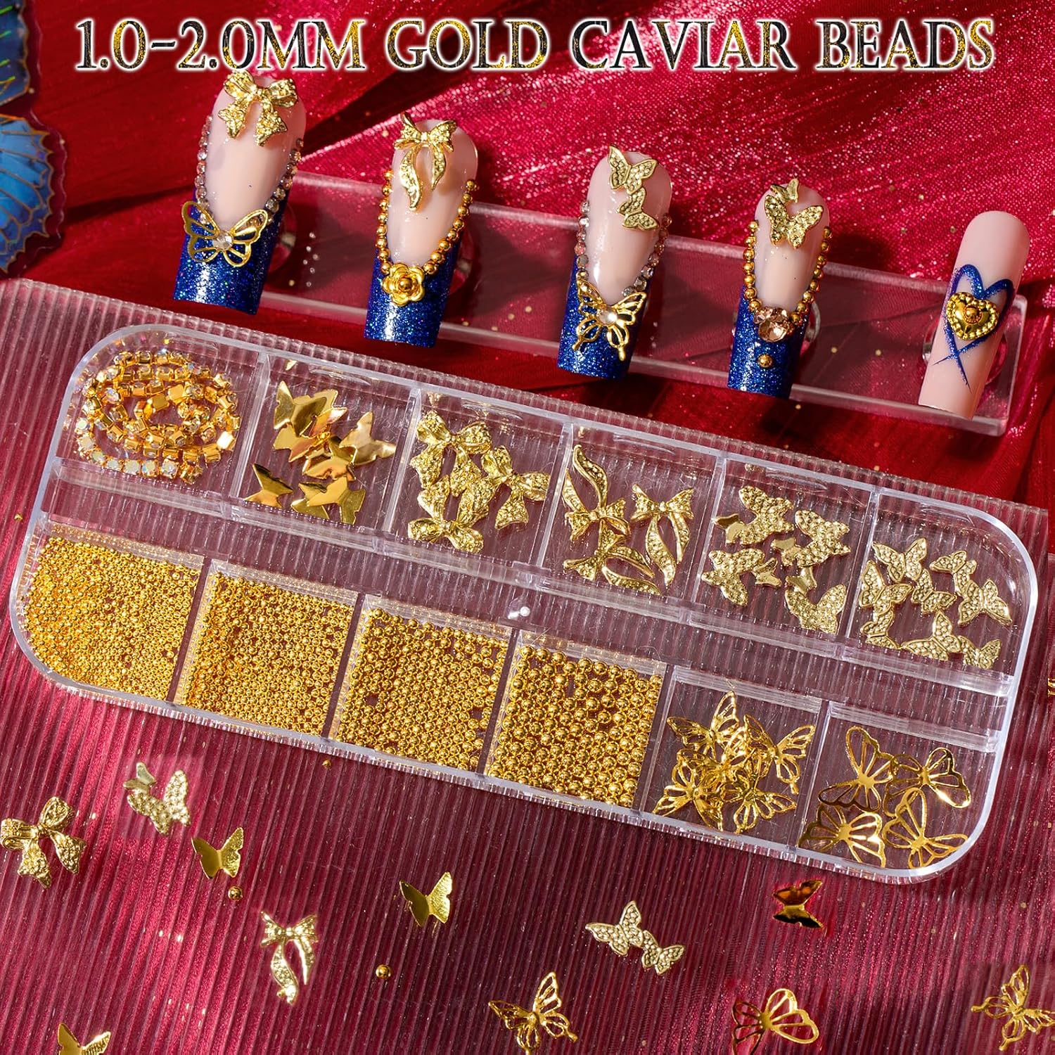 4 Box Nail Charms and Gems for Valentine Nail Decorations,16 Styles Luxurious Alloy Red Rhinestones Charms+ Champagne Rhinestones+Flatback Pearls+Caviar Beads+15 Shapes Metal Nail Jewels for Nail Art - Image 4