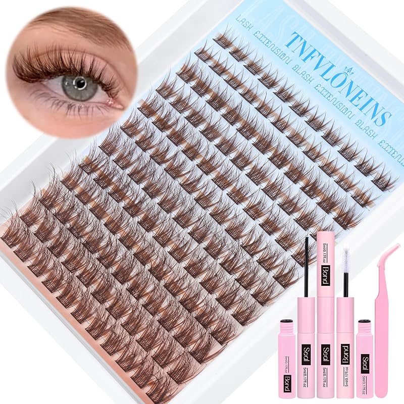 Kit de cílios postiços em tufos TNFVLONEINS marrom fosco, curvatura C, 8–16 mm