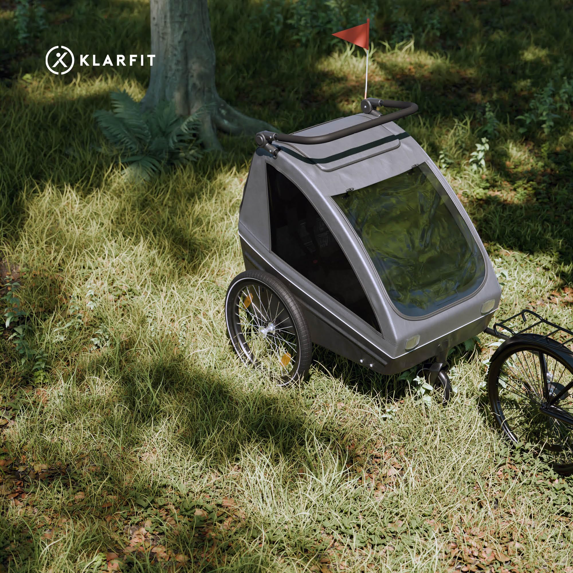 Klarfit GoKiddo Remolque Bicicleta - 2-en-1 Carro para Bicicleta & Buggy con Frenos, Cinturones de Seguridad, Asientos Ajustables, Capacidad 40kg, Protección Lluvia & UV, Plegable, Gris Oscuro