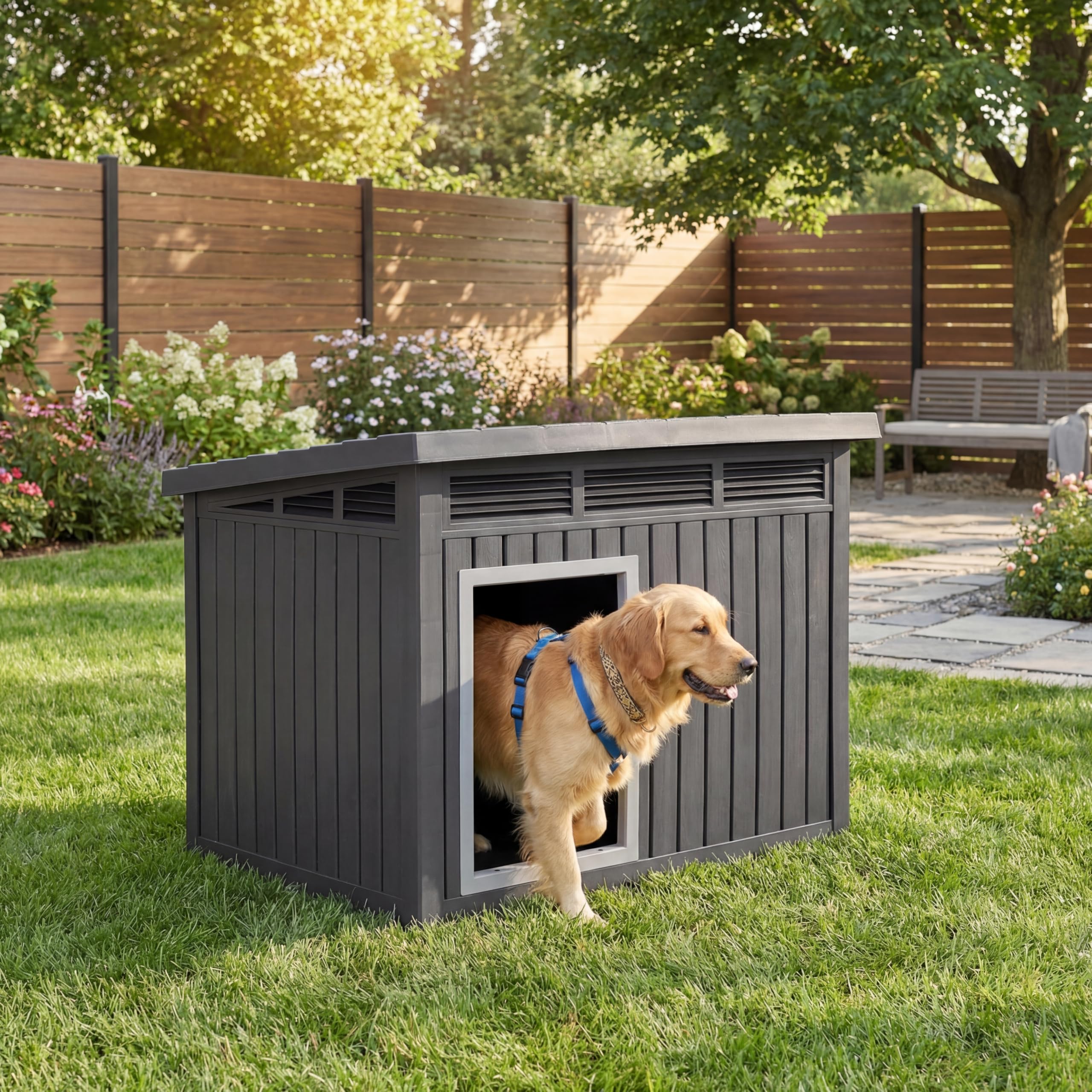 GYMAX Hundehütte Outdoor, Hundehaus für mittelgroße Hunde, Isoliert & Wetterfest, Kleintierhaus mit aufklappbarem Schrägdach, Lüftungsöffnungen & Drainagelöchern, 81 x 64 x 61 cm, Schwarz