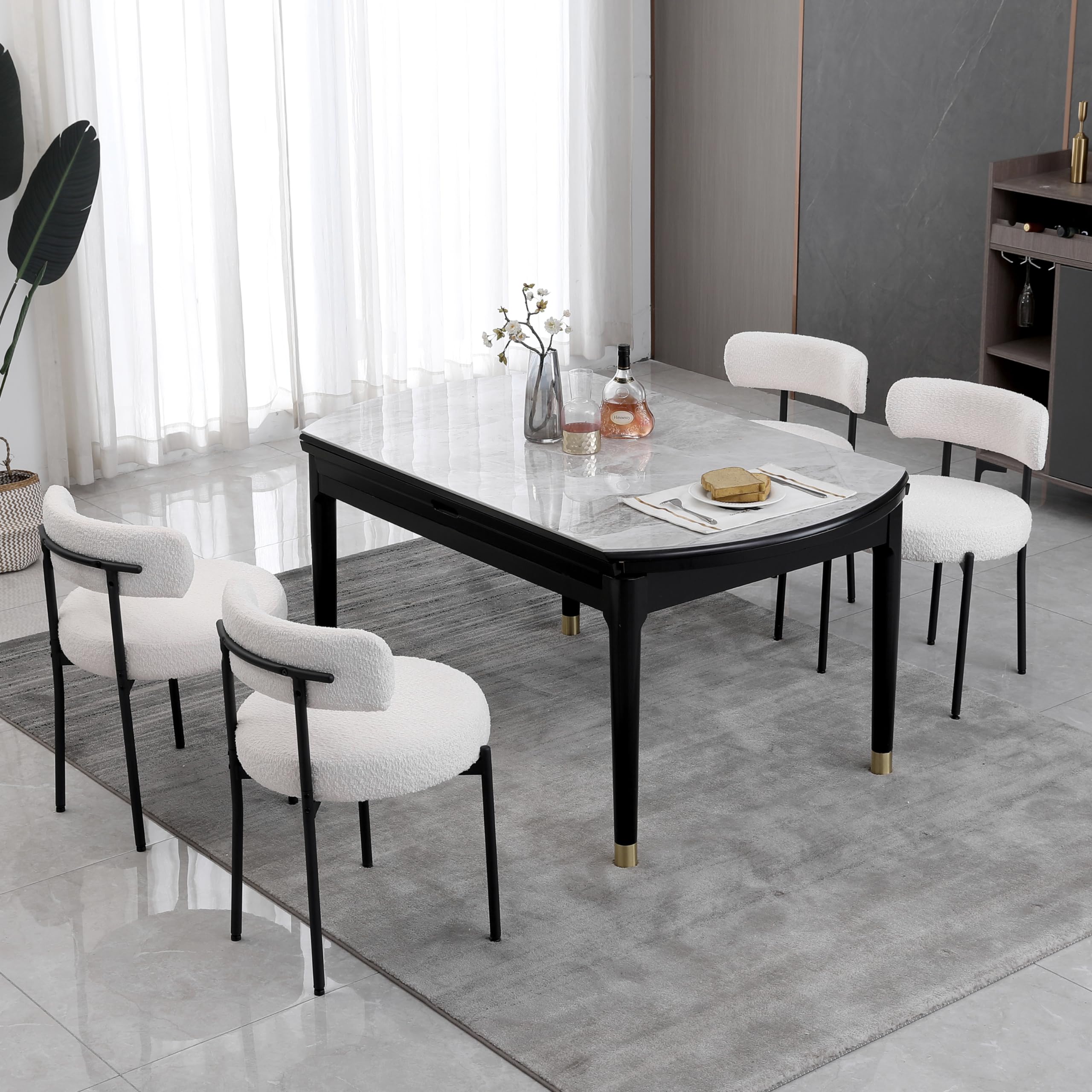 Set di 4 sedie da sala da pranzo con schienale, struttura in metallo nero, imbottita, moderna, design retrò, per cucina, sala da pranzo, bianco