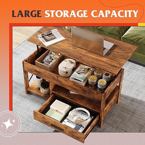 Miniatura 5 de WLIVE Mesa de Centro, Mesa de Centro Elevable de 39 pulgadas con Compartimento Oculto, Cajones de Almacenamiento y Estante de Almacenamiento para
