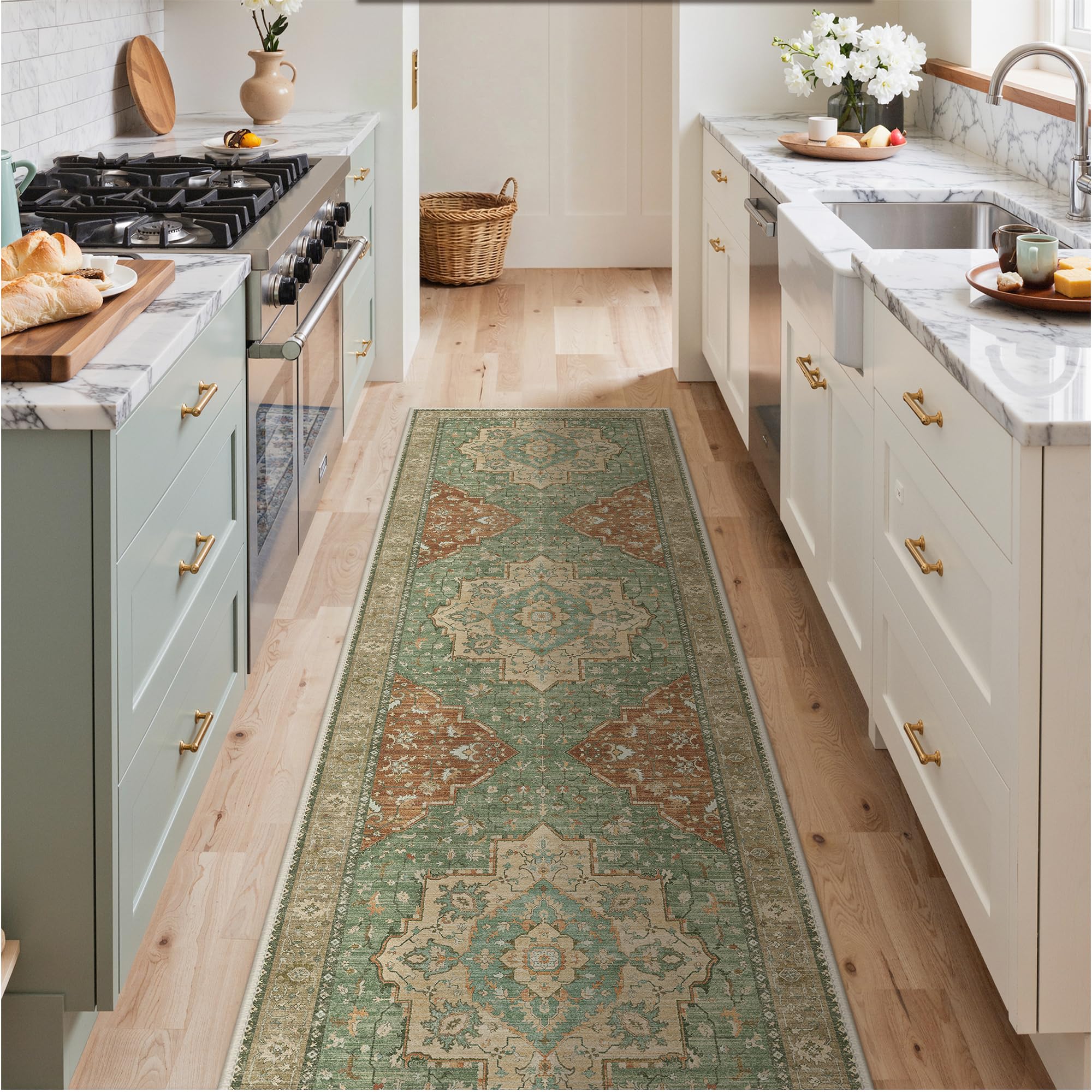 BEIMO Runner Rugs for Hallway 80x150cm, Non-Slip Washable Rug Soft Low Pile, Nursery Rug Oriental Distressed Design Carpet Runners for Entryway Kitchen Laundry Room, Sage Green and Terracotta โ image 1