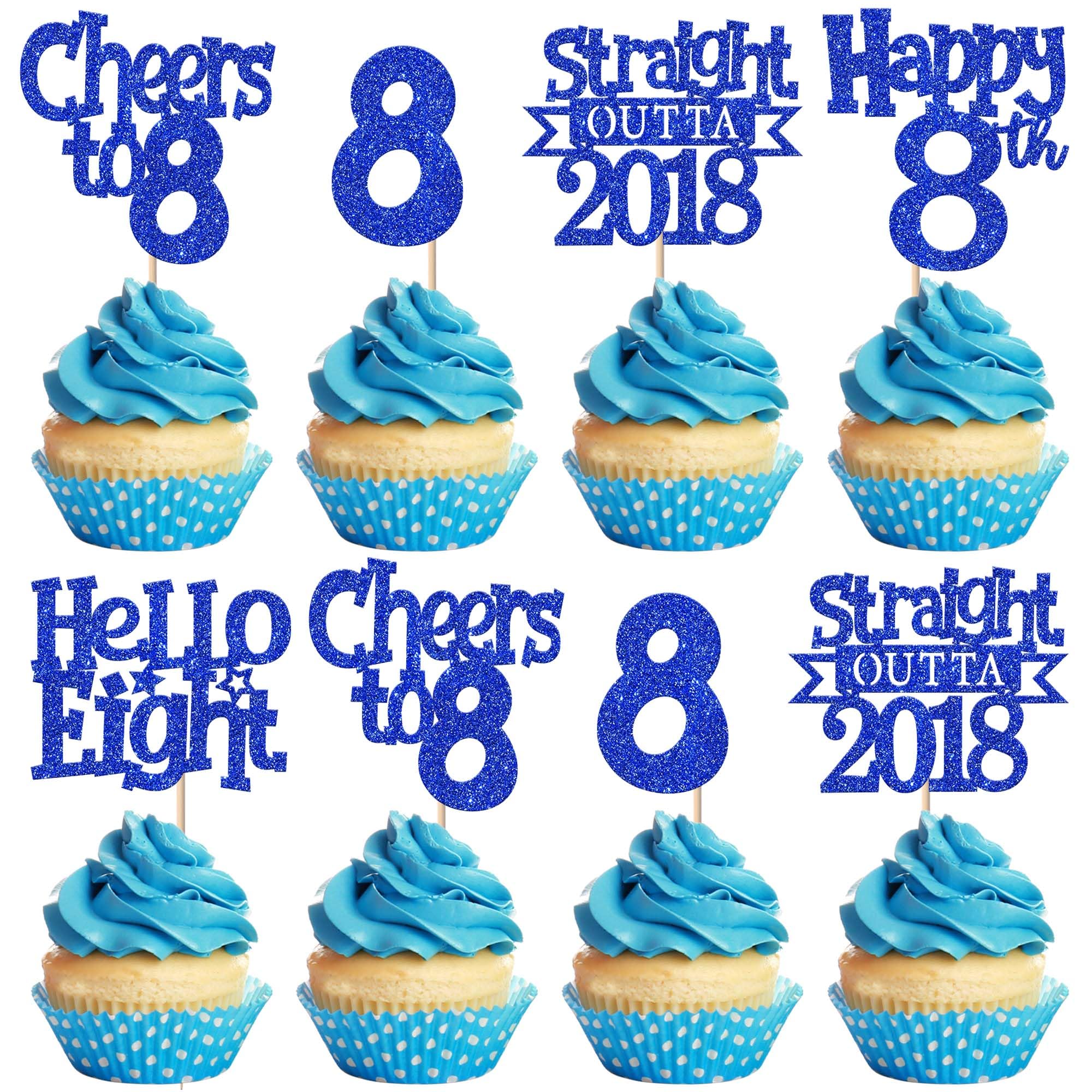 SYKYCTCY 30 Pack Straight Outta 2018 Cupcake Toppers Glitter Hello Eight Happy 8th Birthday Cupcake Picks Cheers to 8 Years Cupcake Decorations for Baby Shower 8th Birthday Party Supplies Blue