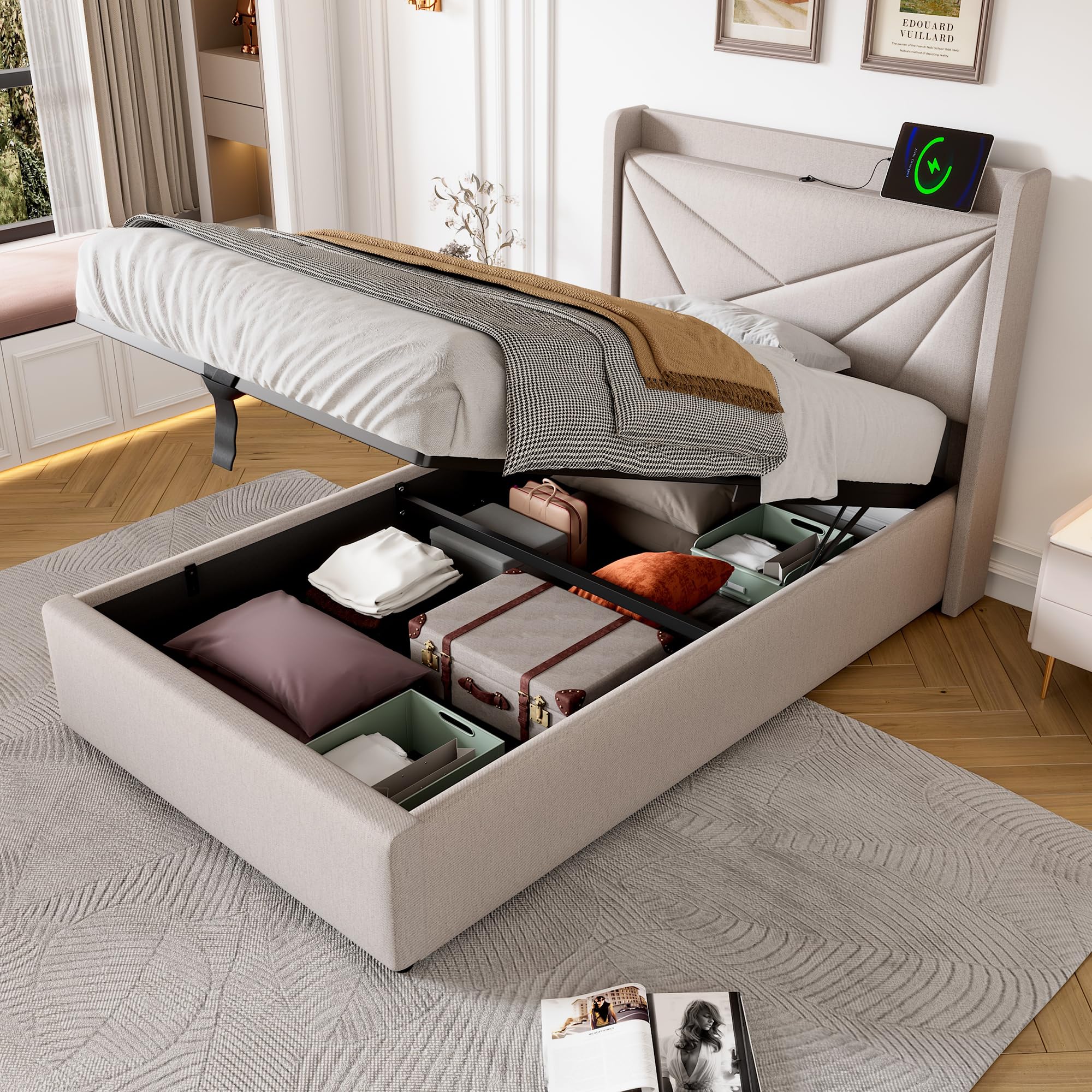 Letto Singolo 90x200 Con USB E Type-C - Letto Contenitore Grigio Con Rete In Legno - Foto 10