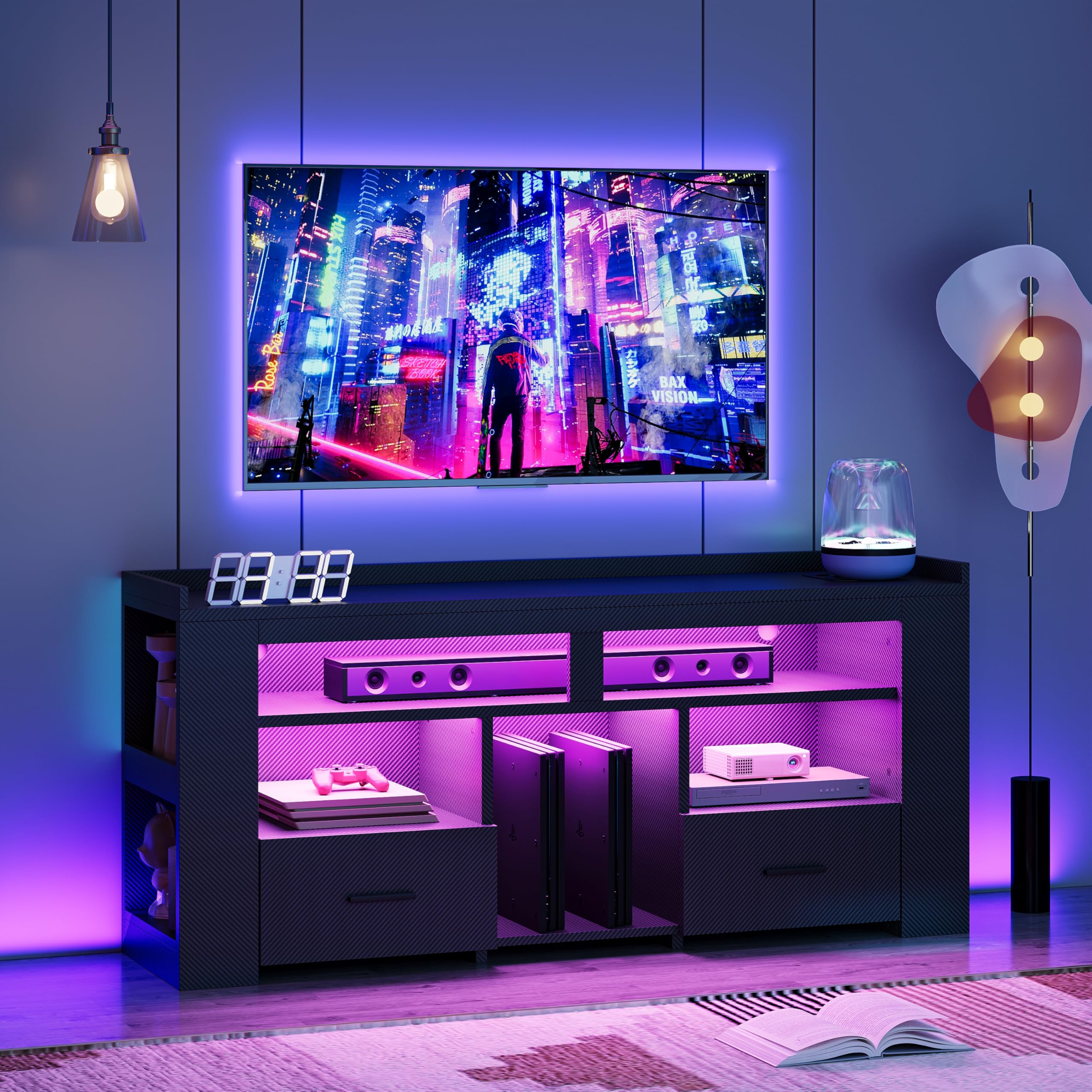IRONCK TV Stand for 65 Inch TV, Carbon Fiber Entertainment Center with 2 Drawers, Charging Station & RGB LED Light, Gaming Media Console for PS4,