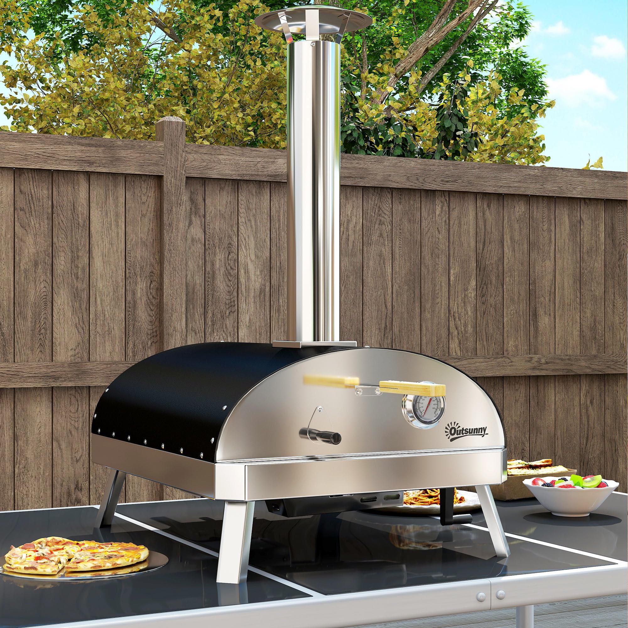 Outsunny Mini four à pizza extérieur portable avec pierre réfractaire Ø33 cm, manches en bois, thermomètre, plateau rotatif