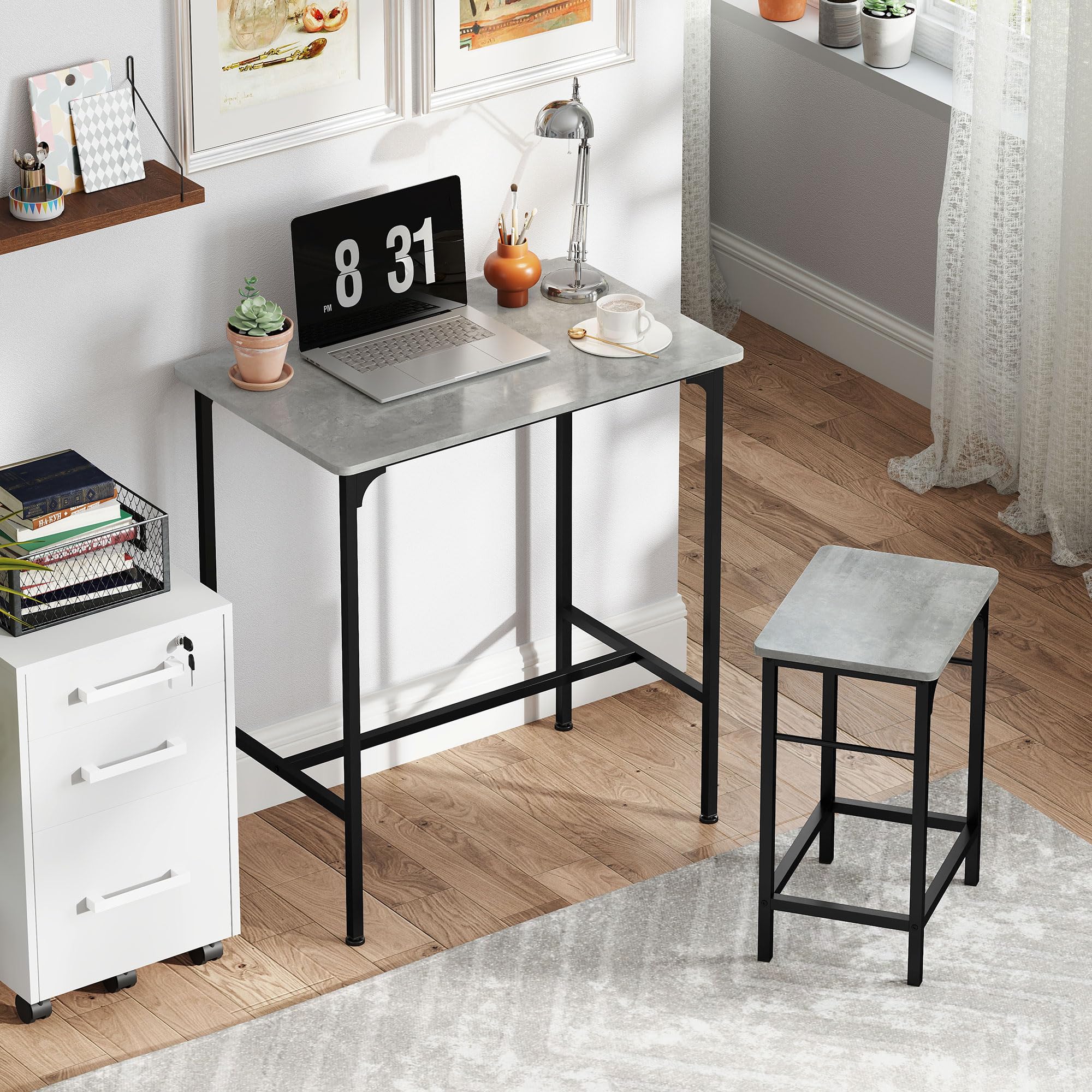 HOMCOM Bartisch Set Bartisch mit Barhocker-Set Esstisch mit 2 Stühlen mit Rutschfestem Fußpolster Küchentisch für Esszimmer, Küche, Grau