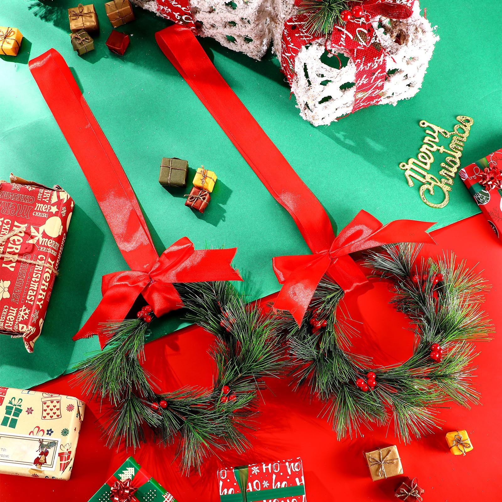 Lyrow 24 Pcs Christmas Wreath Bulk Christmas Artificial Wreaths Decoration Christmas Outdoor Window Wreath with Ribbon for Christmas Front Door Home Wall Porch Decor